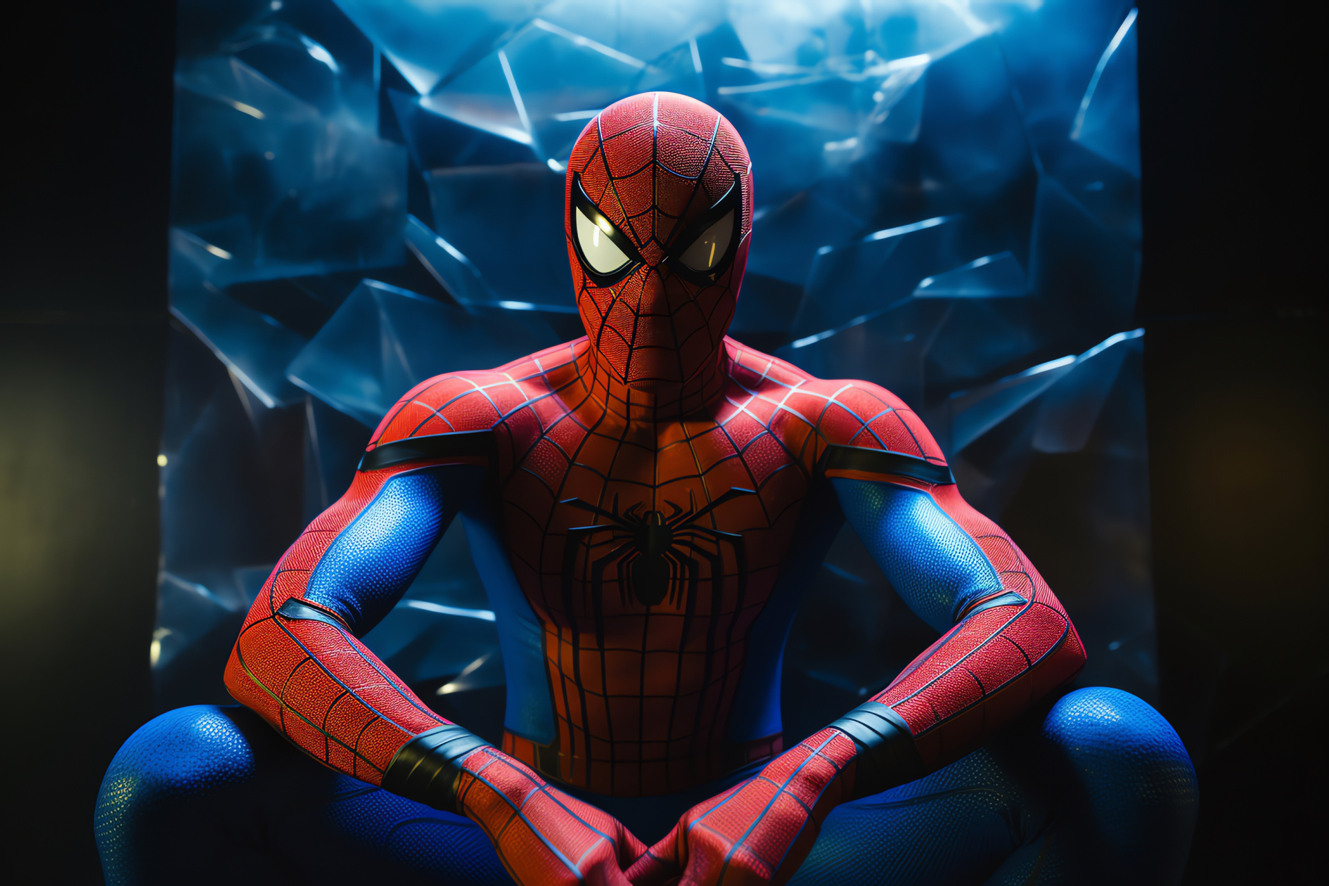 Superhero stance, masked vigilante, comic book figure, Spiderman suit detail, captivating hero, HD Desktop Wallpaper