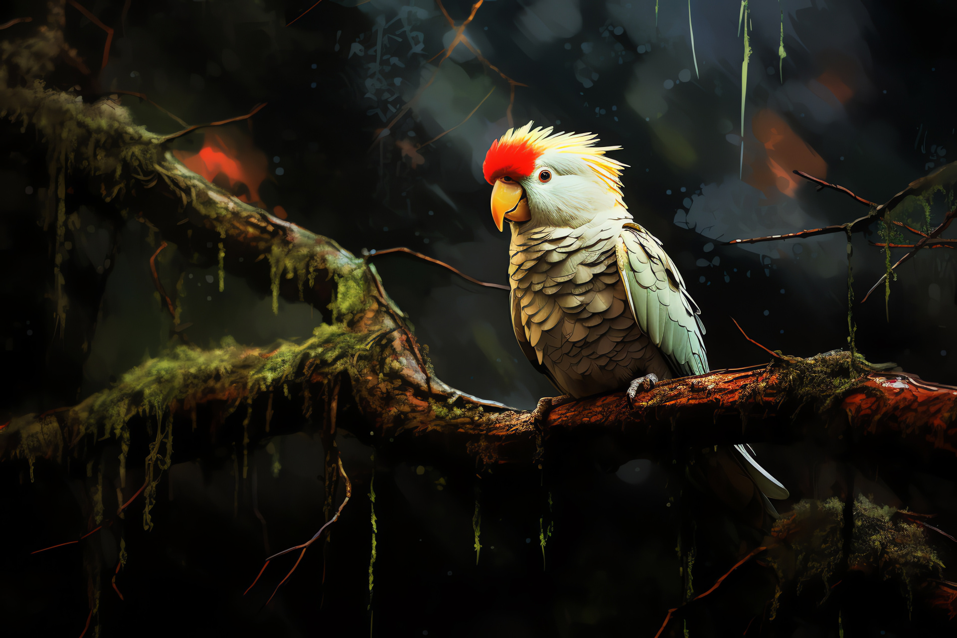 Albino Parakeet, Red-eyed bird, Pure white plumage, Natural wooden perch, Enchanted forest setting, HD Desktop Wallpaper