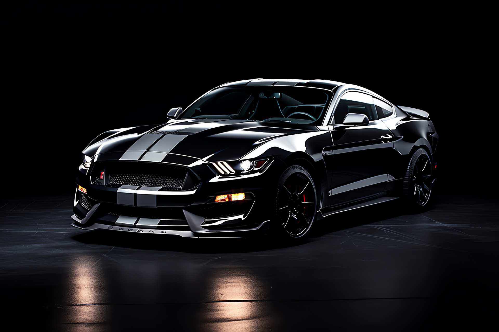 Mustang GT350 high-angle, Pure black contextual setting, Automotive silhouette contrast, Elevated perspective drama, HD Desktop Image