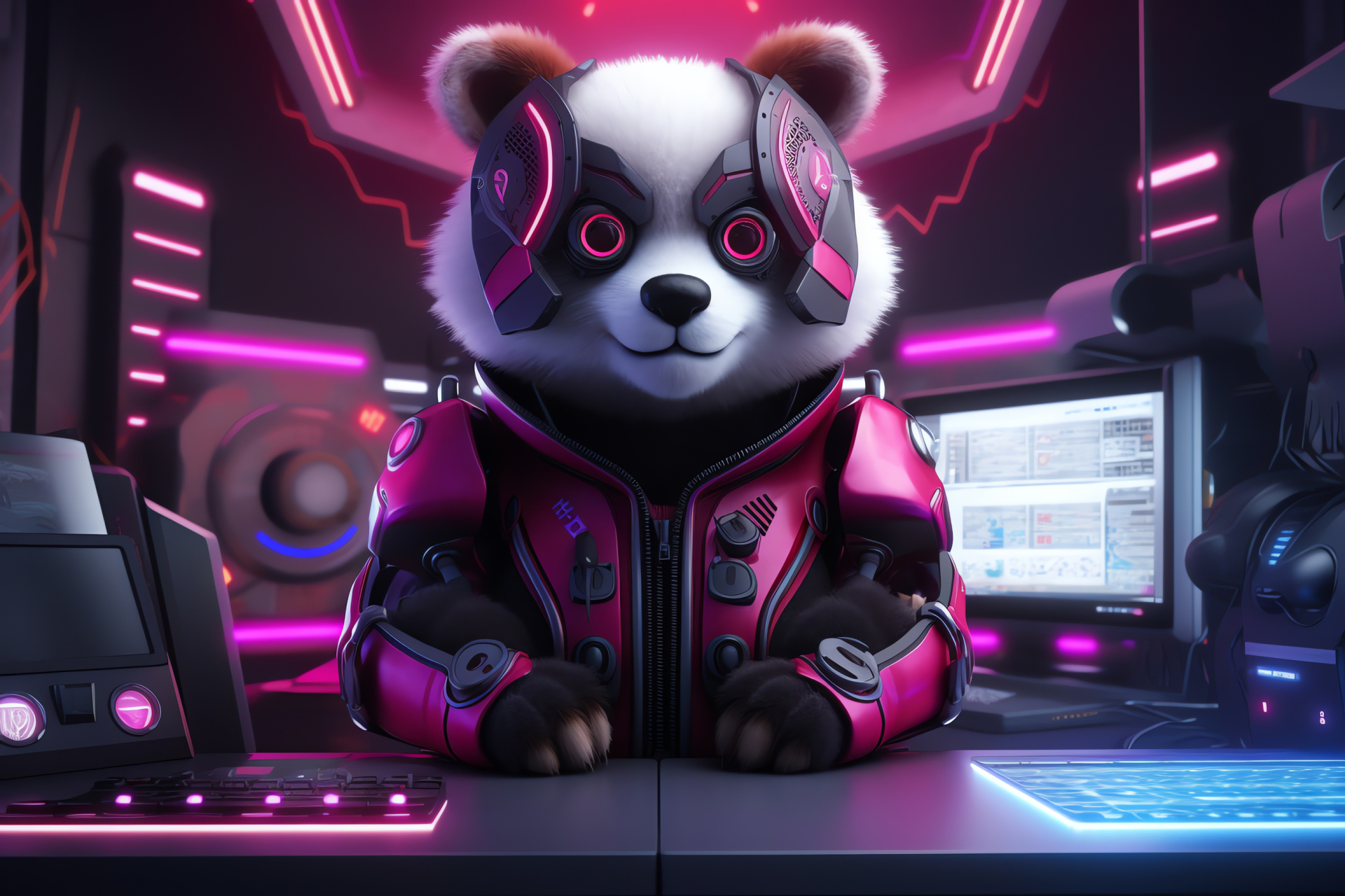 Futuristic Pink Panda, metallic fur creature, red optic animal, technological environment, console background, HD Desktop Wallpaper