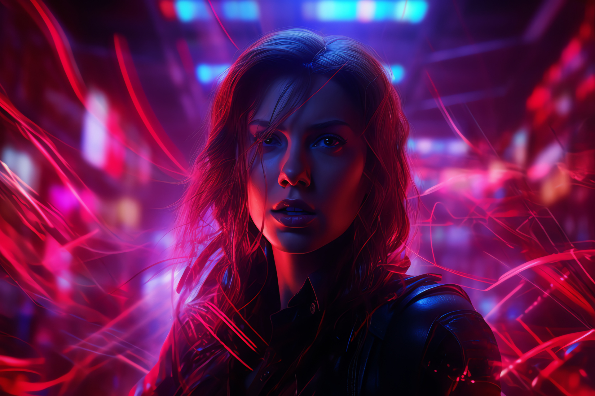 Black Widow enigma, Neon illumination, Cinematic mystery, Danger undertones, Marvel universe, HD Desktop Image