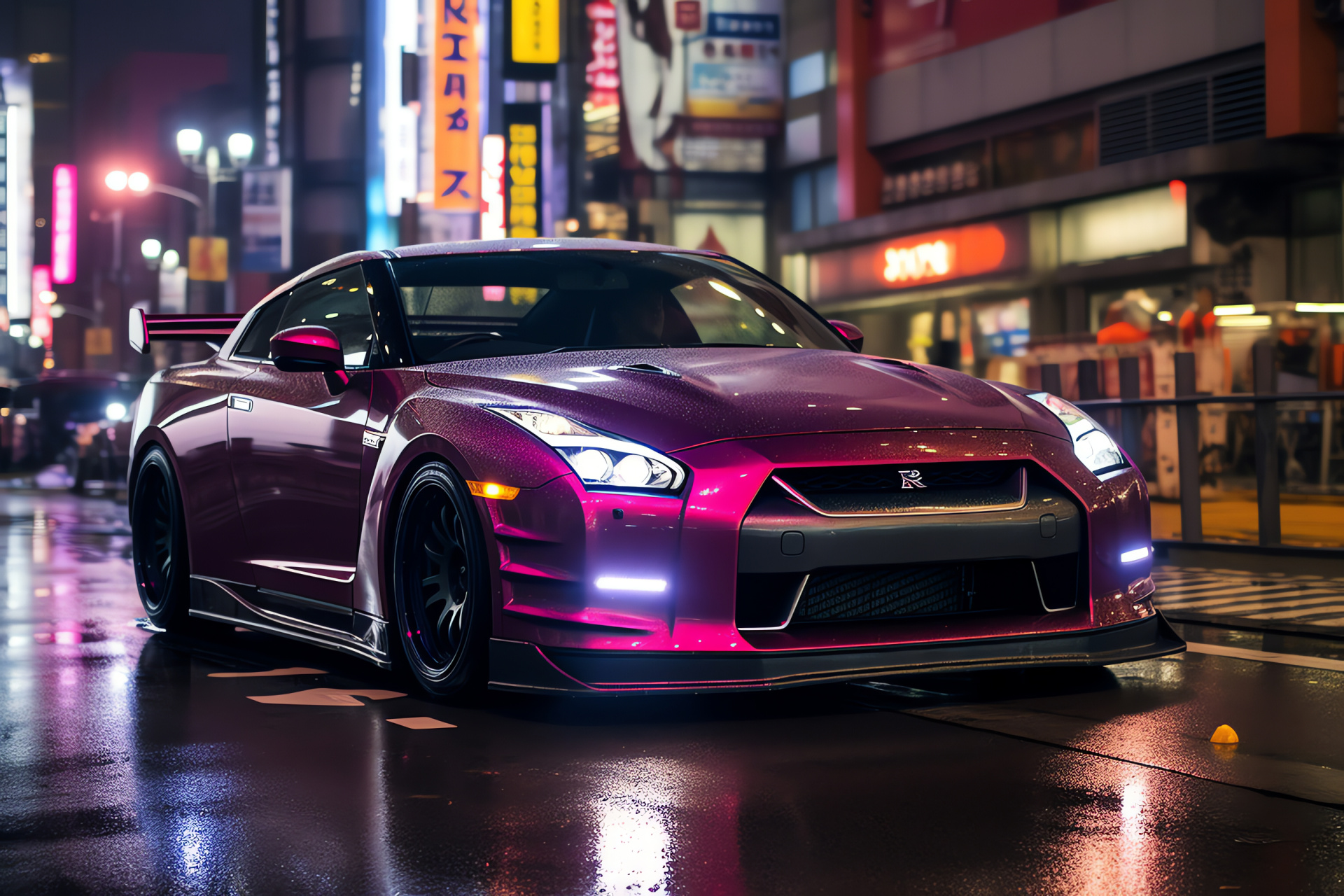 Nissan GTR HD, Tokyo's Shibuya locale, Rapid urban motion, Street racing nightlife, Japanese sports car environment, HD Desktop Wallpaper