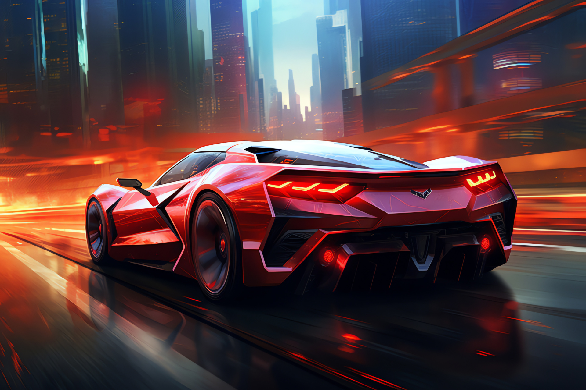 Corvette Stingray cruising, Advanced city framework, Spectacular rooftop perspective, Electric night glow, Sports car aesthetics, HD Desktop Image