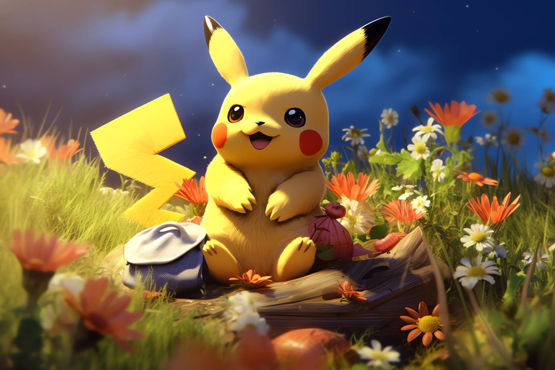 Pikachu in nature, Peaceful Pokmon scene, Grassland Pokmon habitat, Floral surroundings, Pokmon in natural setting, HD Desktop Wallpaper