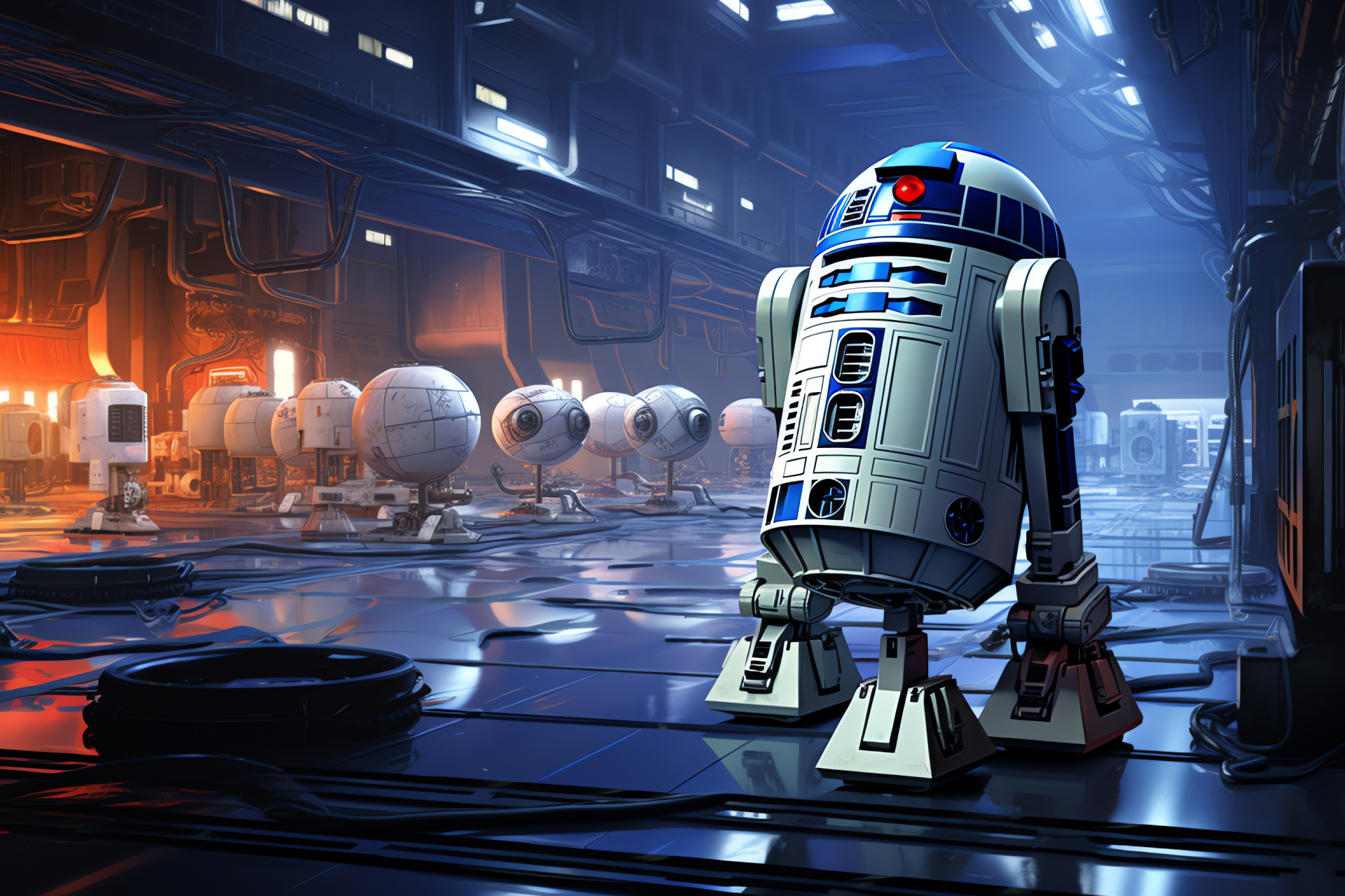R2-D2 droid, Covert Star Wars mission, Enemy lines, Stealth infiltration, Guarded establishment, HD Desktop Wallpaper