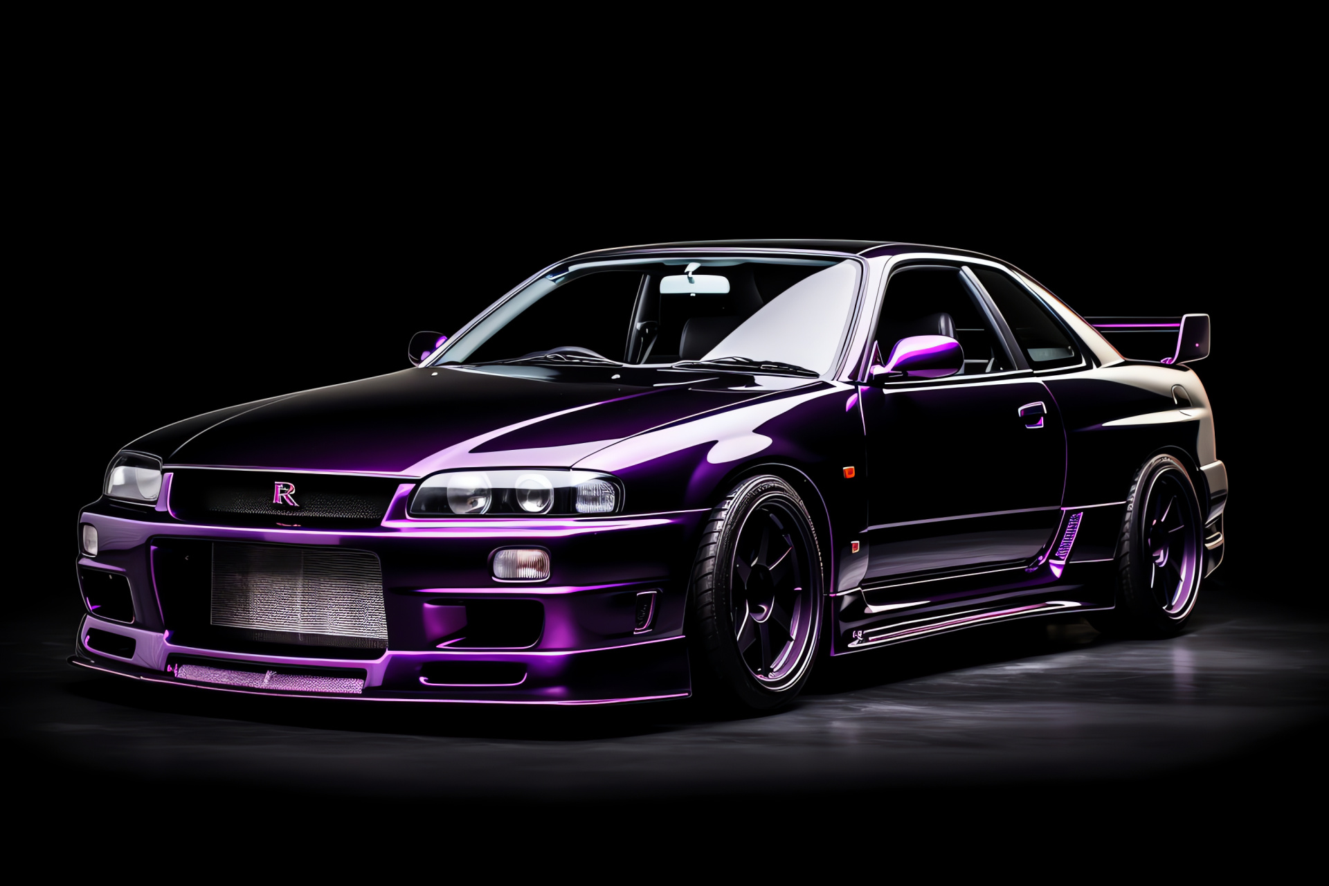 Nissan GTR R33, Aerial vehicle shot, Mauve shade, Pure black context, Sports car buffs, HD Desktop Image