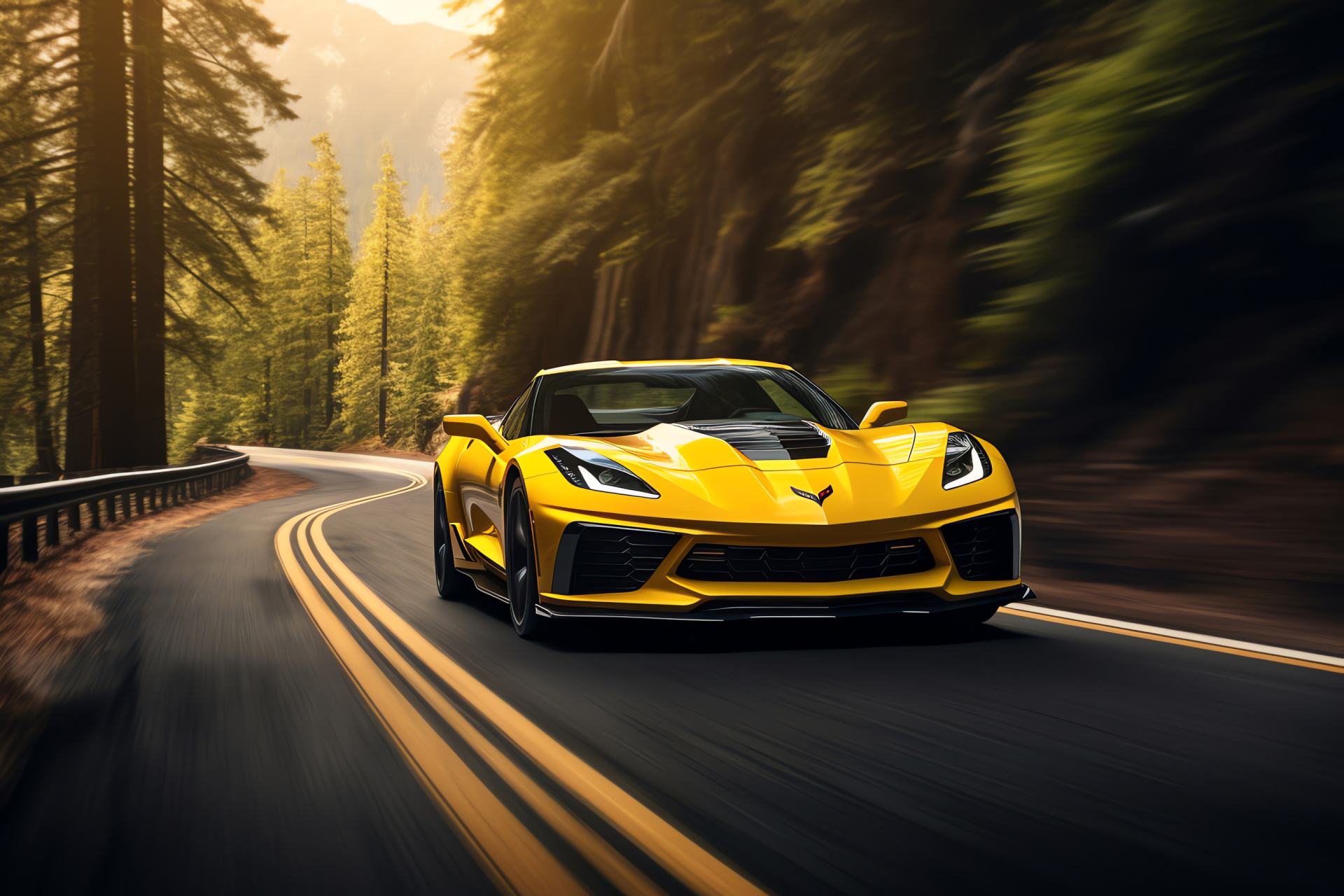 Chevrolet Corvette, Mountain twist, Performance body, Air dynamics, Nature's track, HD Desktop Image