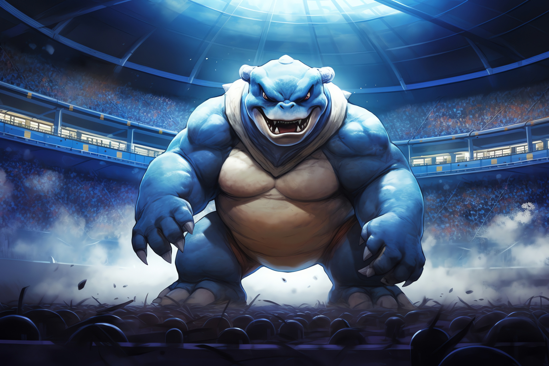 Blastoise at Indigo Plateau, Water-type contender, Elite Four face-off, grand stage combat, Pokemon clash, HD Desktop Wallpaper