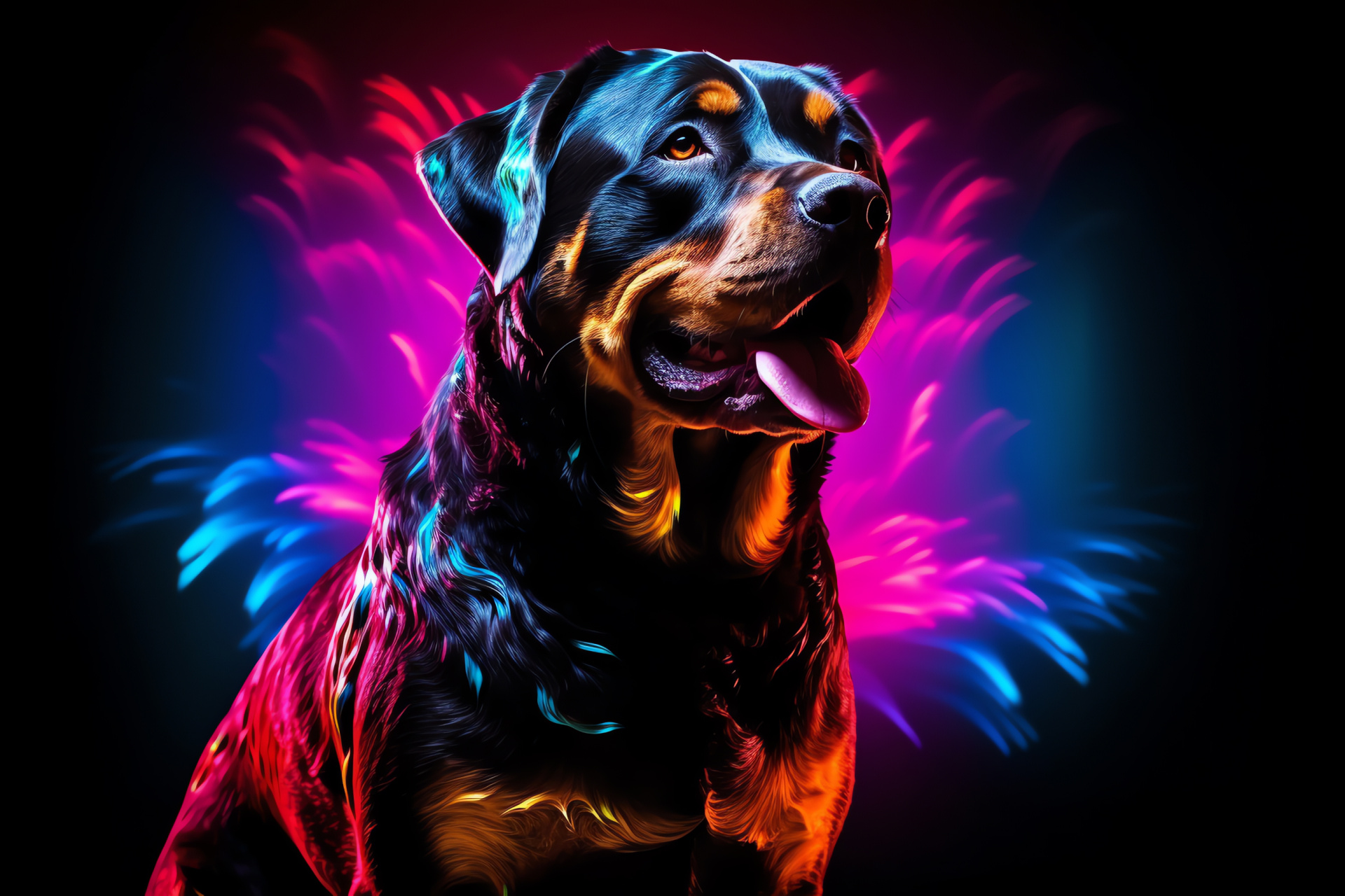 Mature Rottweiler, striking stance, radiant urban glow, shimmering patterns, polished fur, HD Desktop Wallpaper