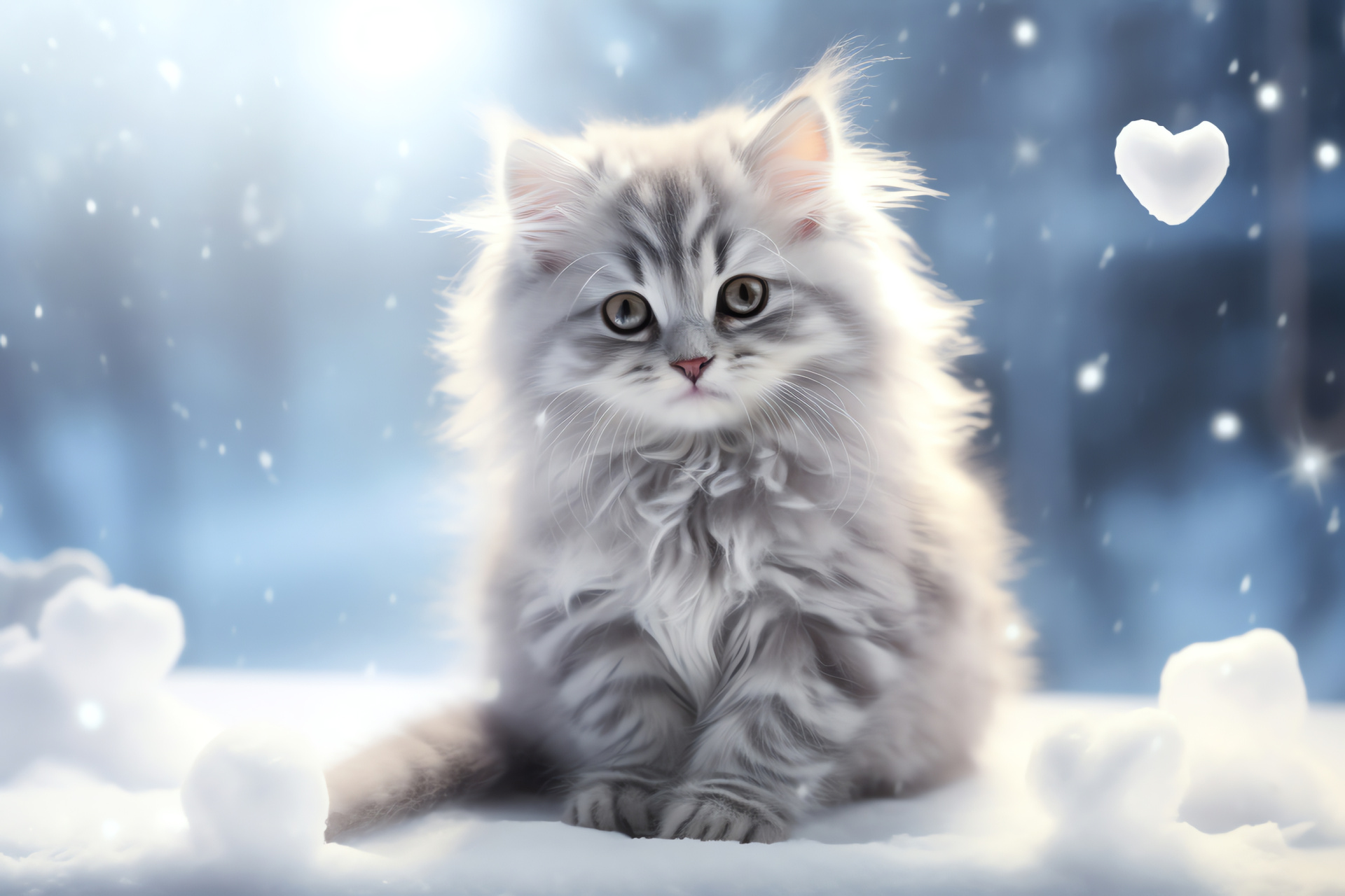 Furry Valentine companion, Snowy landscape, Winter heart imprints, Ashen coat, Festivity, HD Desktop Image