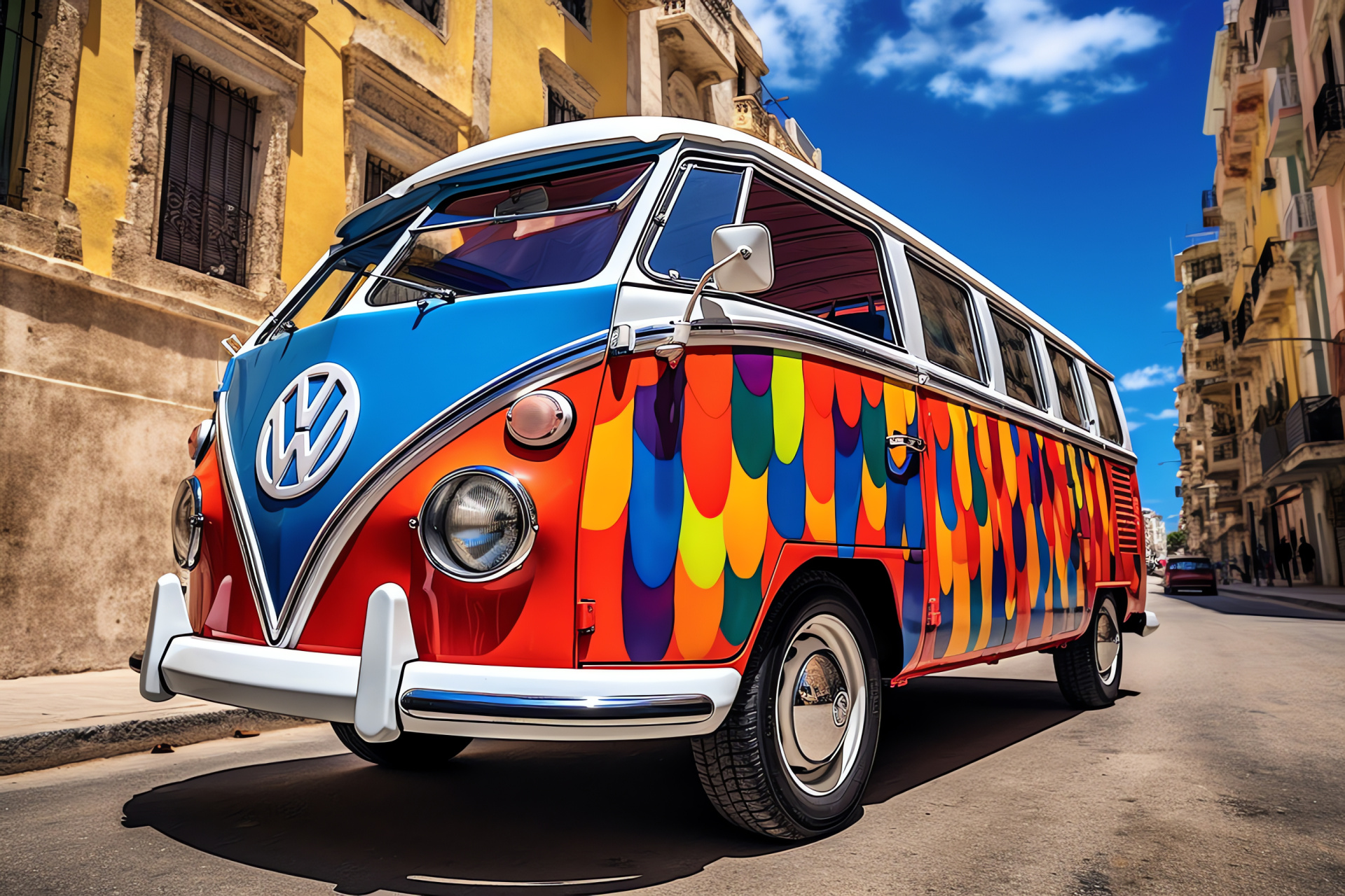 Vintage VW Bus, Cuban street scene, Nostalgic paint details, Latin culture elements, Time-honored design, HD Desktop Wallpaper