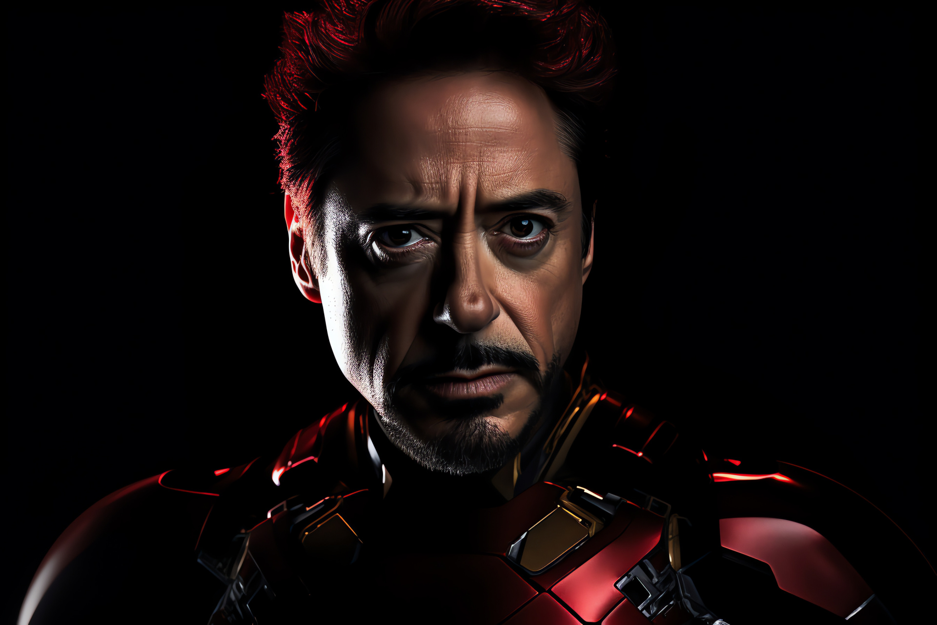 Iron Man with assured expression, Downey Jr as Marvel icon, Luxurious crimson-golden suit, Dominant superhero aura, Advanced exoskeleton, HD Desktop Wallpaper