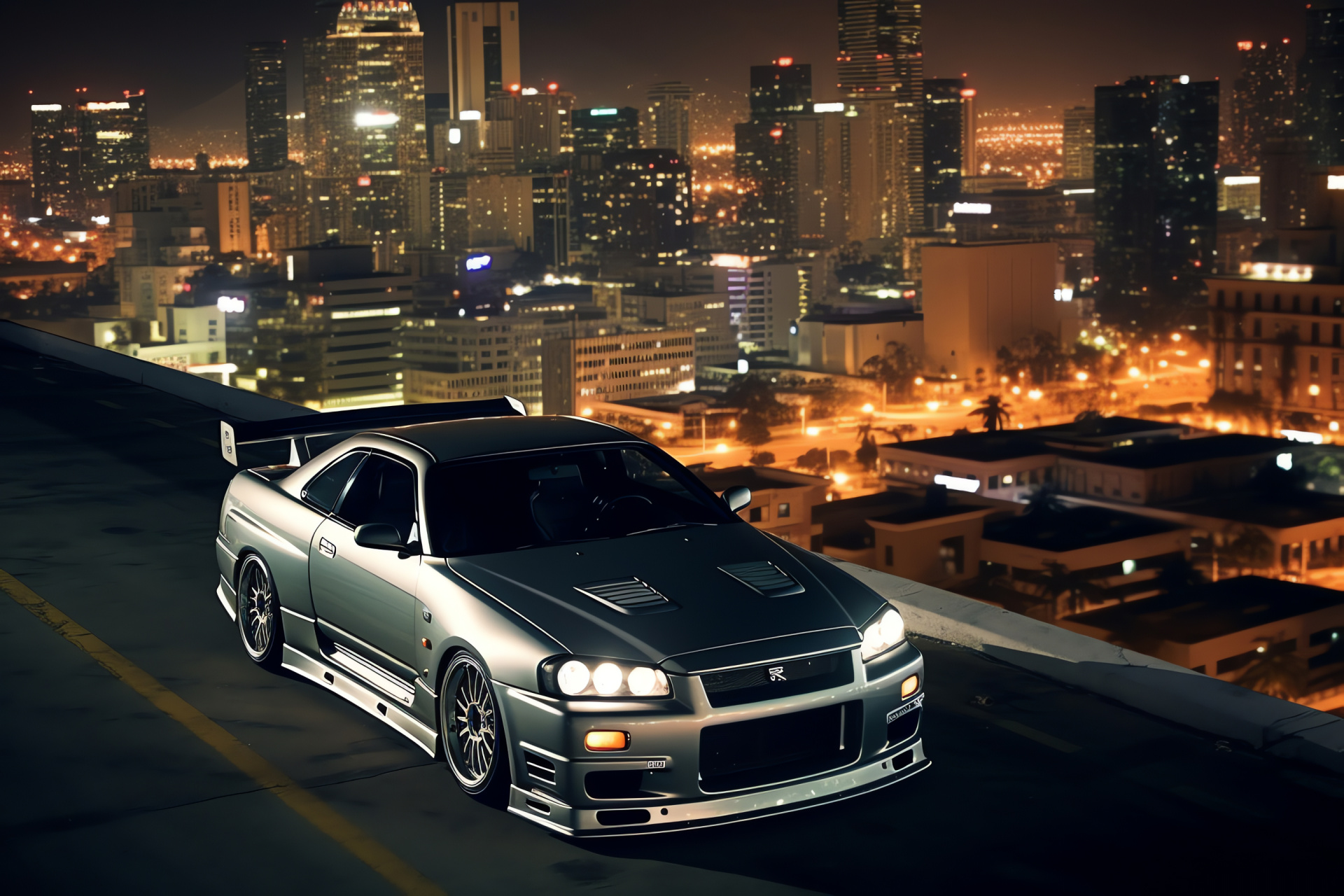 Nissan Skyline GTR R33, Los Angeles bird's-eye, Glistening silver exterior, Vast cityscape, Californian horizon, HD Desktop Image