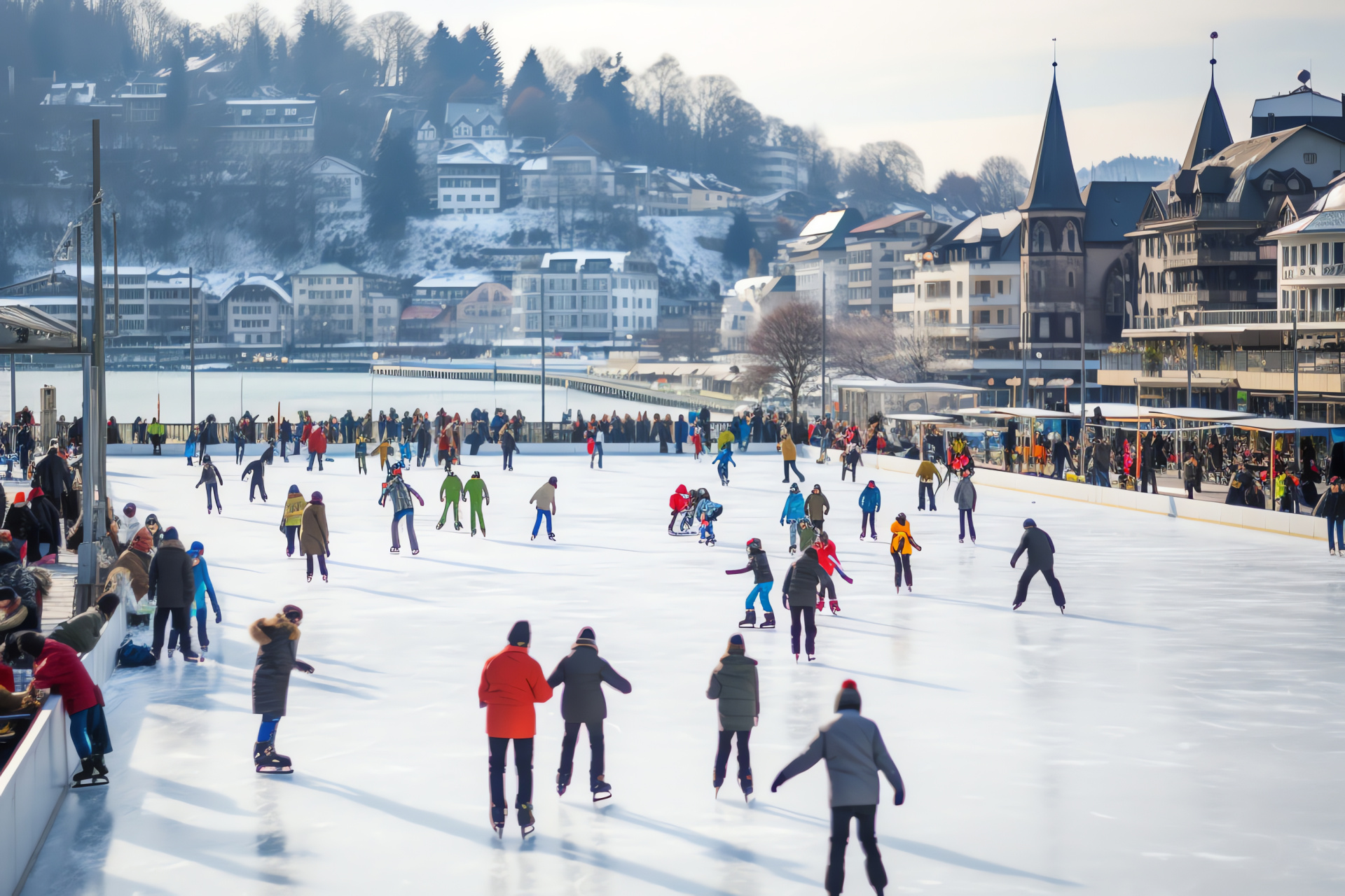 Lucerne holiday scenery, ice-covered Swiss lake, winter sports enthusiasts, frosty skater figures, picturesque Lucerne backdrop, HD Desktop Image