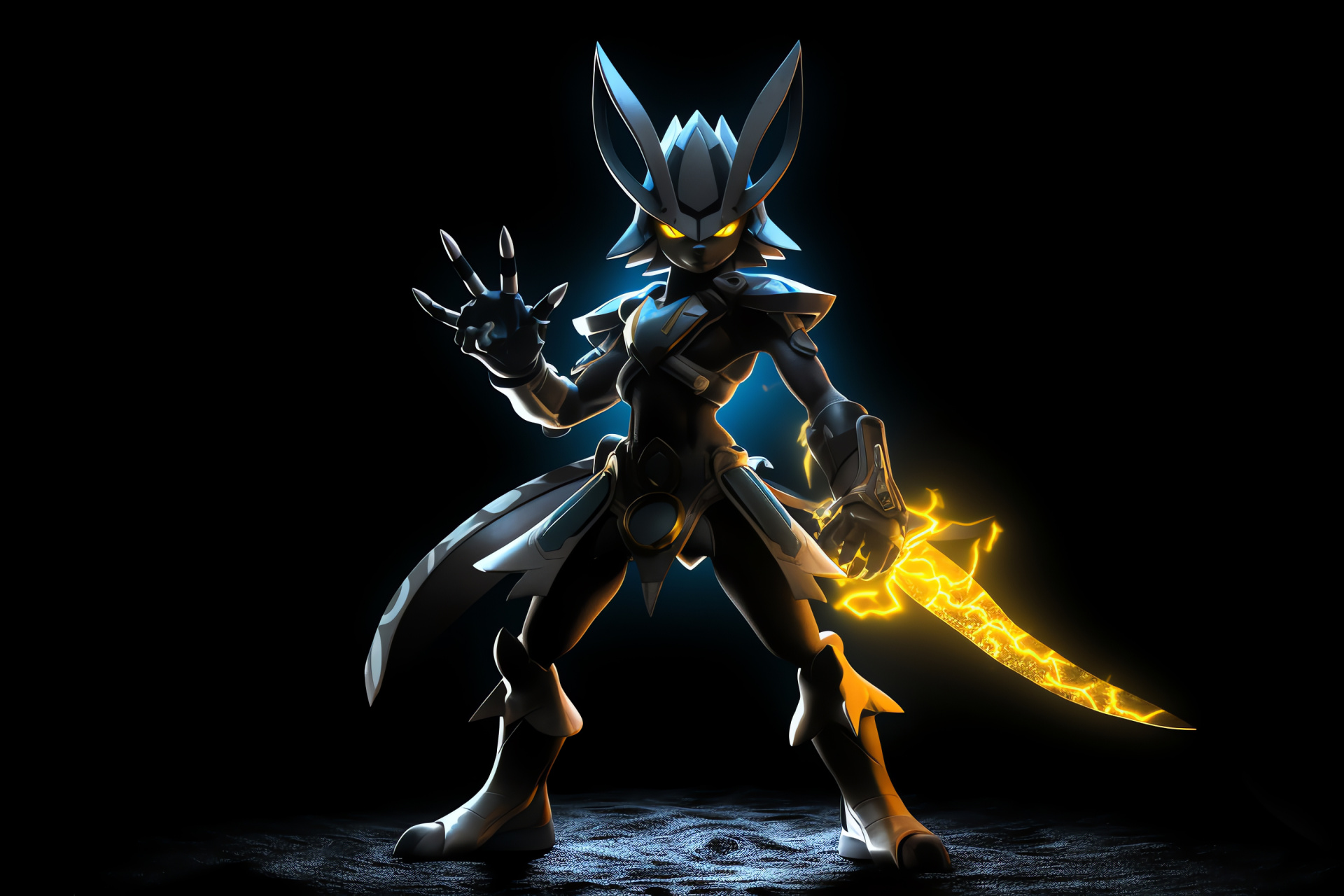 Lucario Pokemon, Aura Sphere attack, Steel-type creature, Yellow-eyed combatant, Blue energy aura, HD Desktop Wallpaper