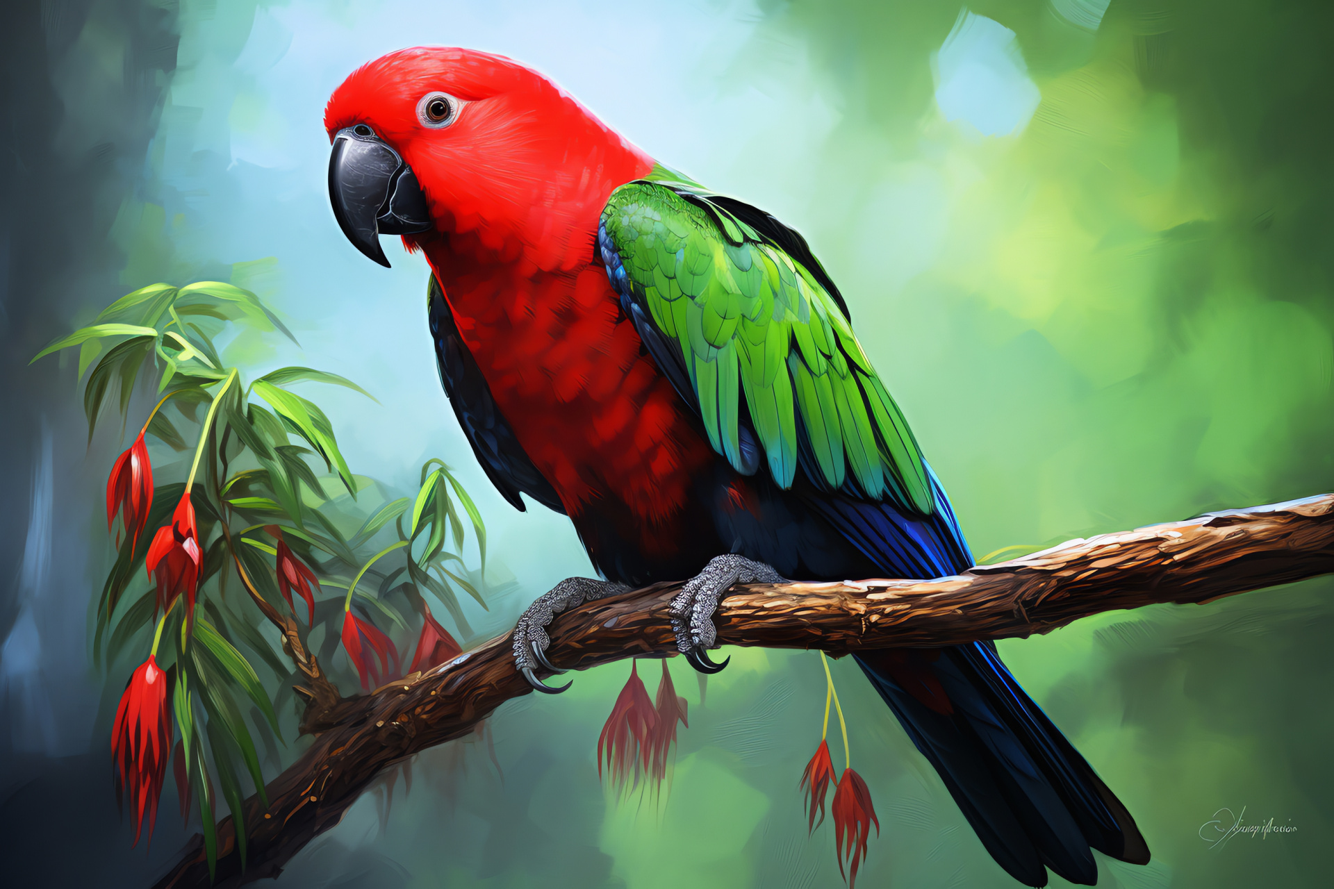 Eclectus parrot, Red sided bird, Tropical avian fauna, Vibrant green plumage, Black eyed bird, HD Desktop Wallpaper