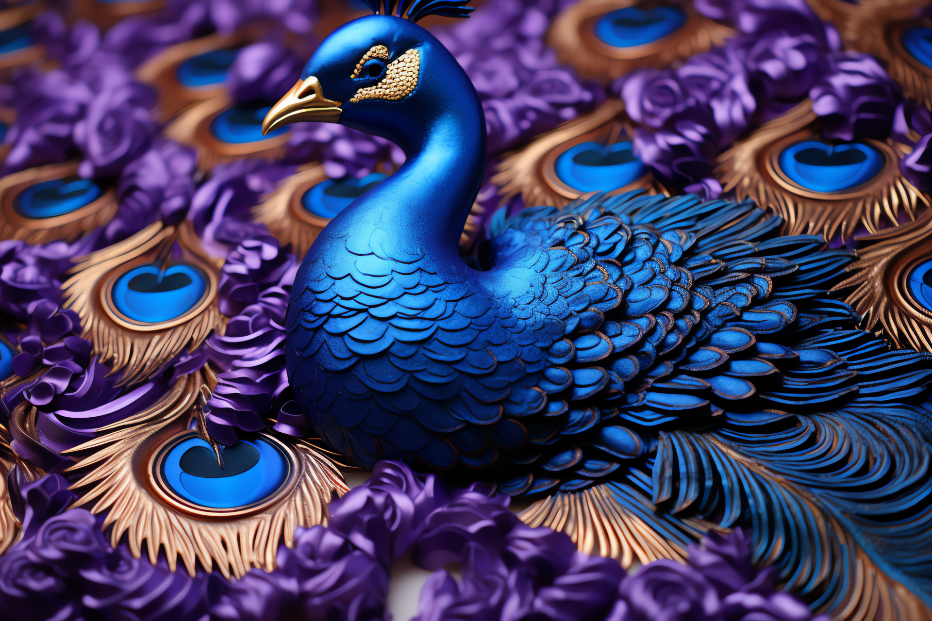 Peafowl display, Avian royal hues, feather pattern detail, bird elegance, purple plumage, HD Desktop Image