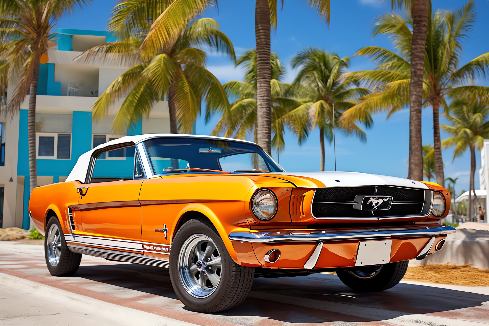 Mustang convertible, Miami coastal strip, Spectacular beaches, Iconic palms, Architectural landmarks, HD Desktop Image