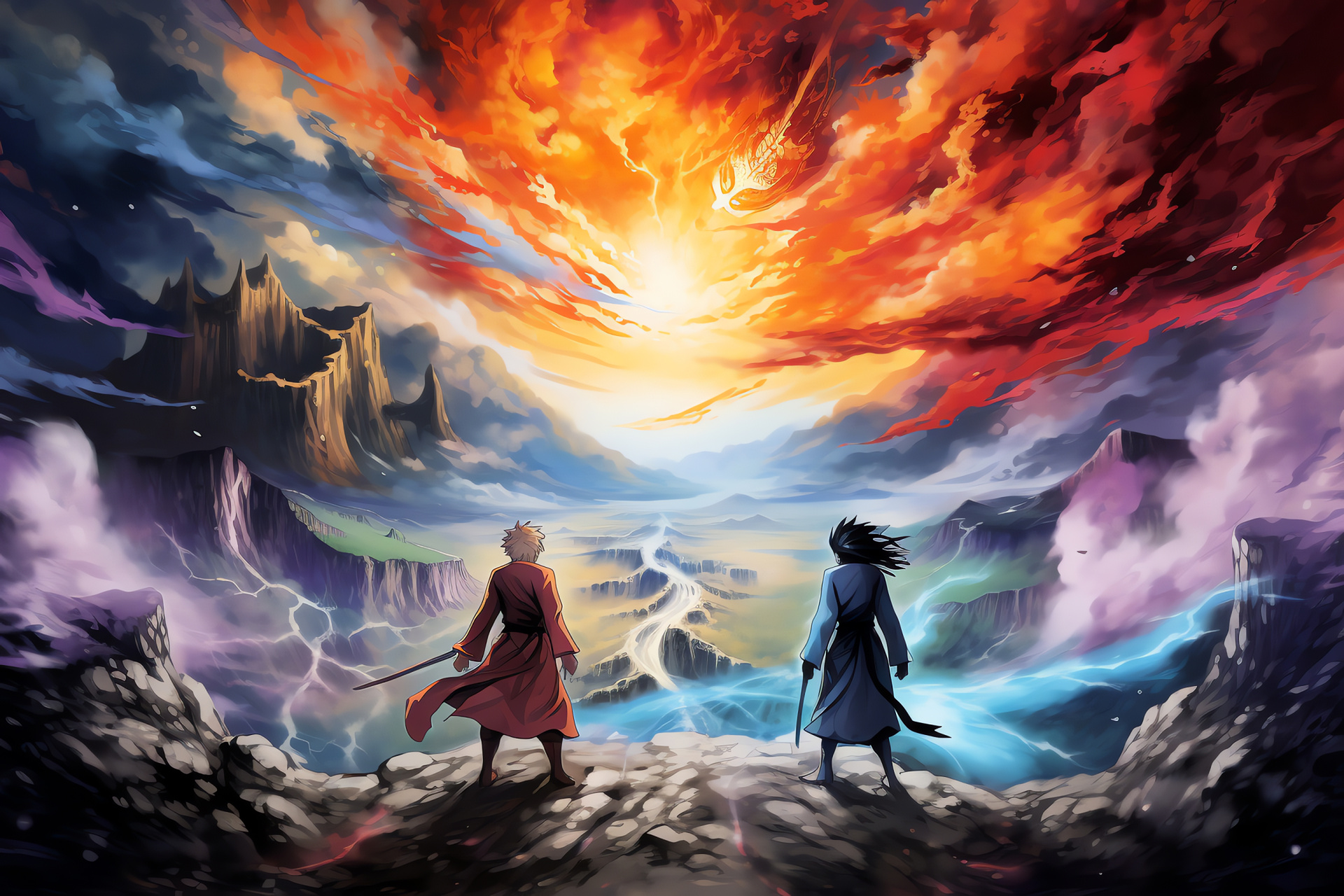 Anime encounter, Naruto in Sage Mode, Madara Uchiha, epic clash, geological backdrop, HD Desktop Image