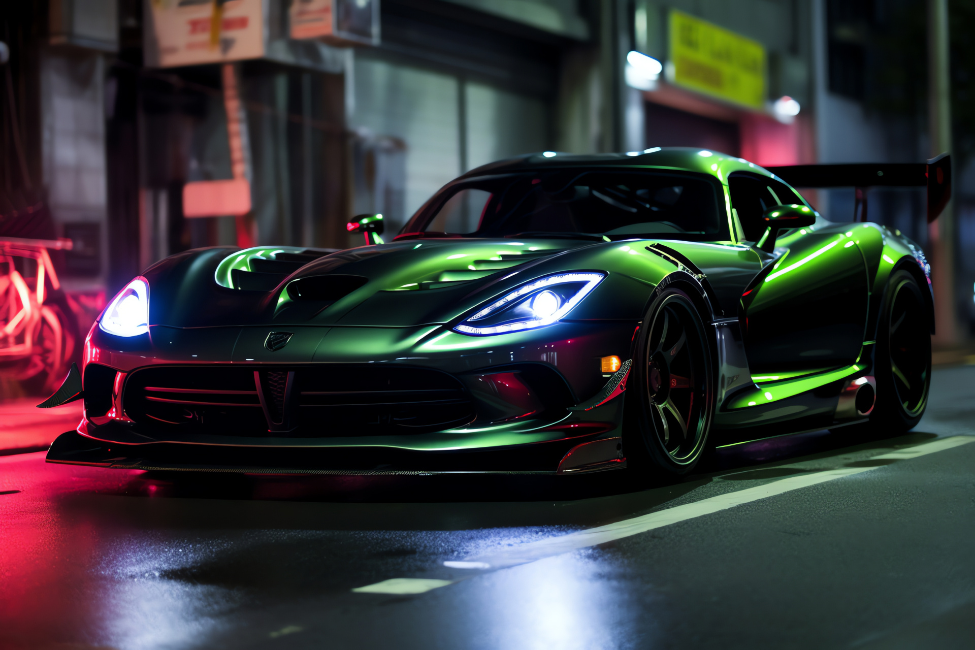 Viper GTS-R, Tokyo streets, automotive styling, performance upgrades, illumination enhancements, HD Desktop Wallpaper