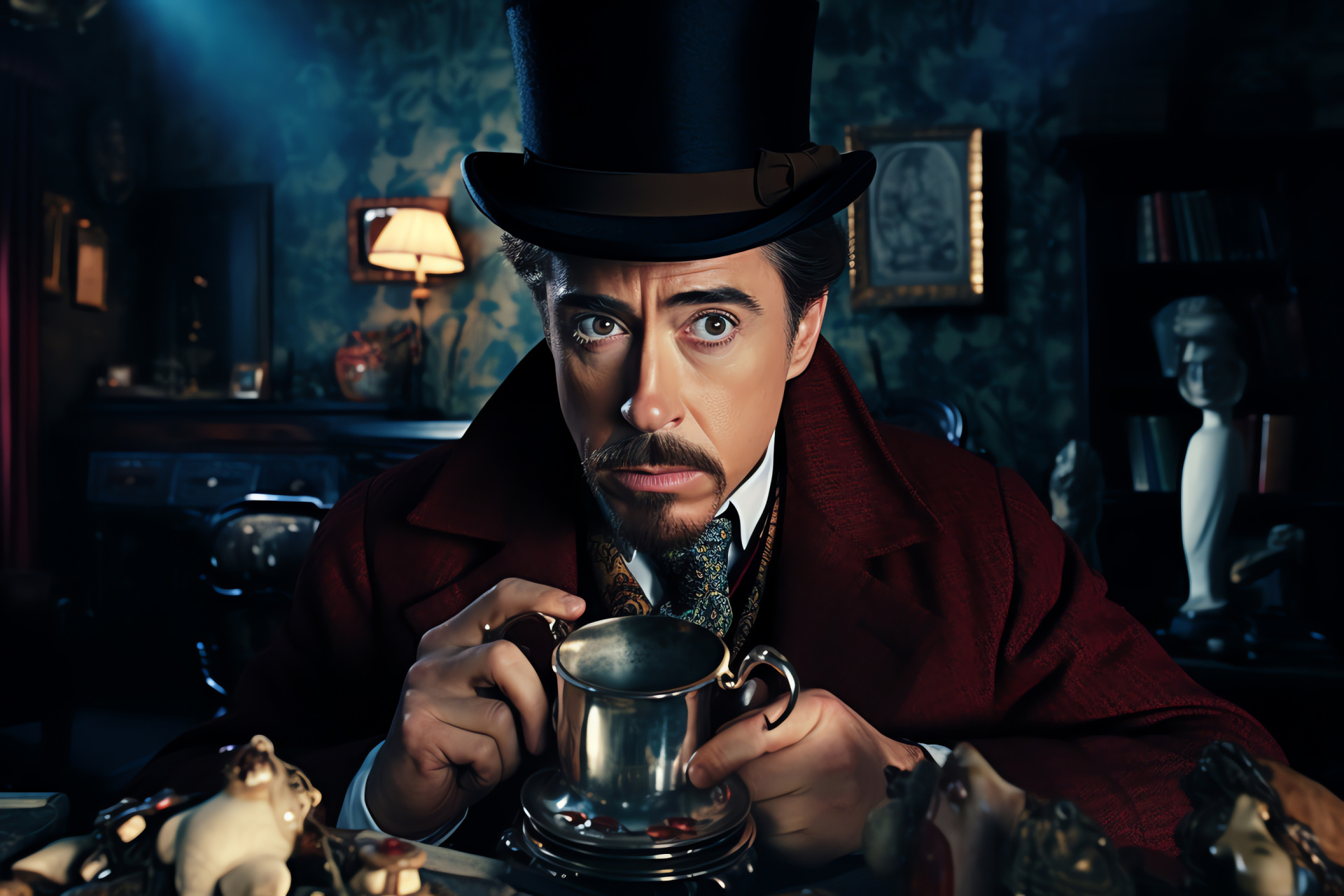 Detective Sherlock closeup, Robert Downey Jr. rendition, Traditional hat, Detecting instrument, Fictional sleuth, HD Desktop Wallpaper