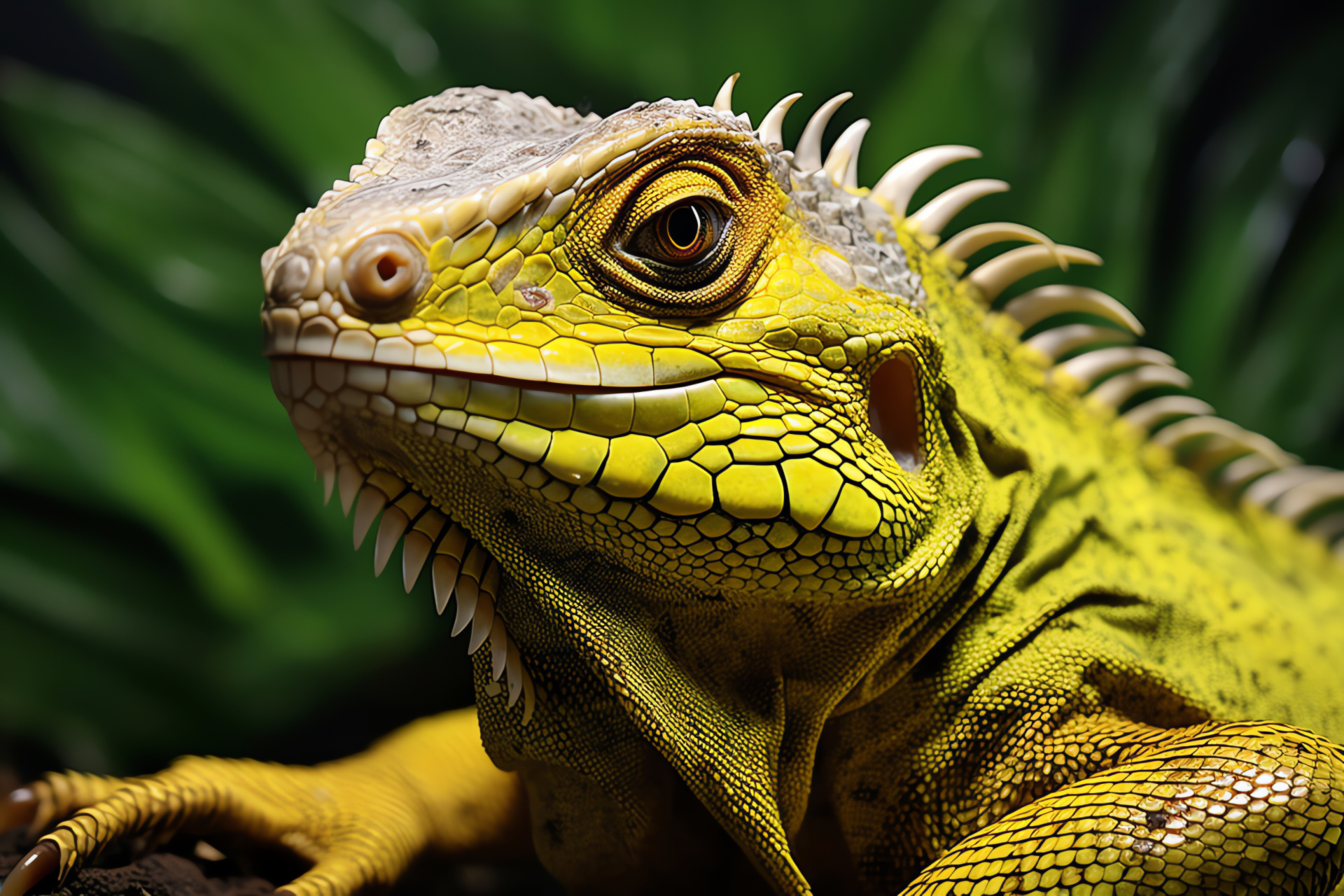 Iguana reptile close-up, Iguana bright yellow eyes, Lizard two-tone backdrop, Reptile staring glance, Iguana profile, HD Desktop Image