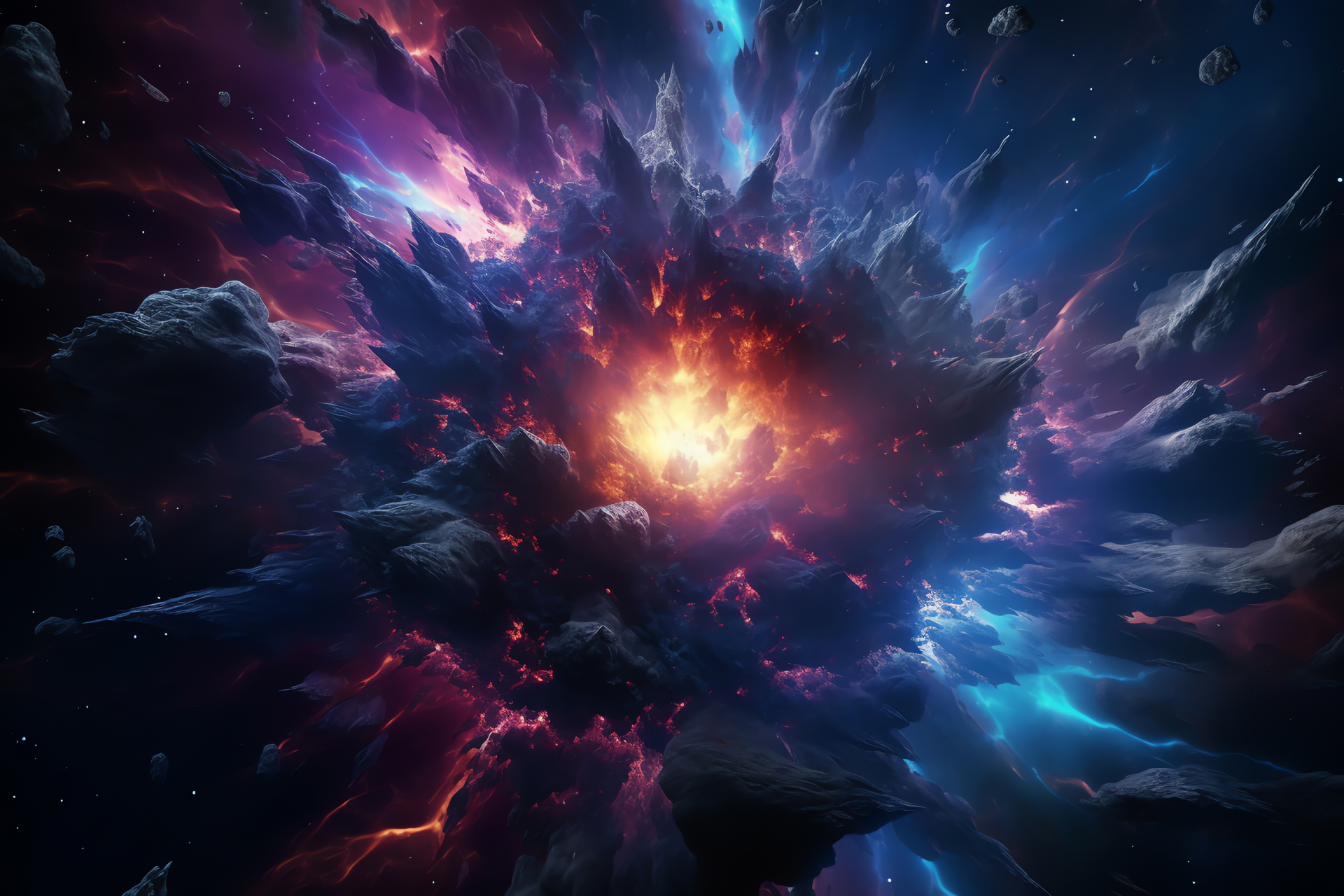 Supernova detonation, fluorescent cosmic blast, galactic magnificence, starburst galaxy, radiation waves, HD Desktop Image