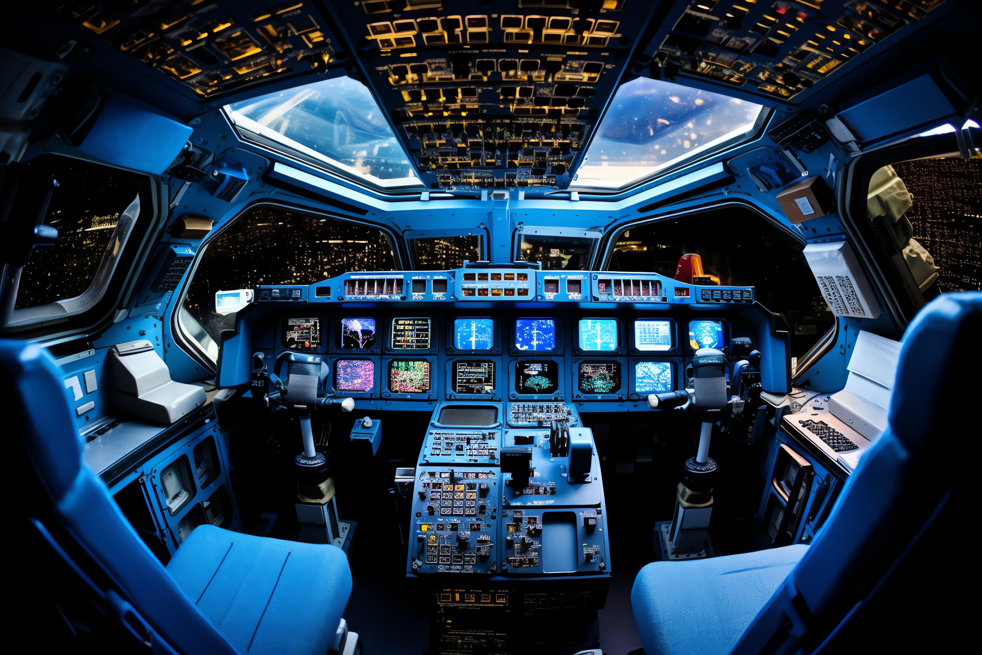Shuttle control cosmoscape, Broad panel view, Cockpit operational zone, Navigational interface, Pilot control array, HD Desktop Image