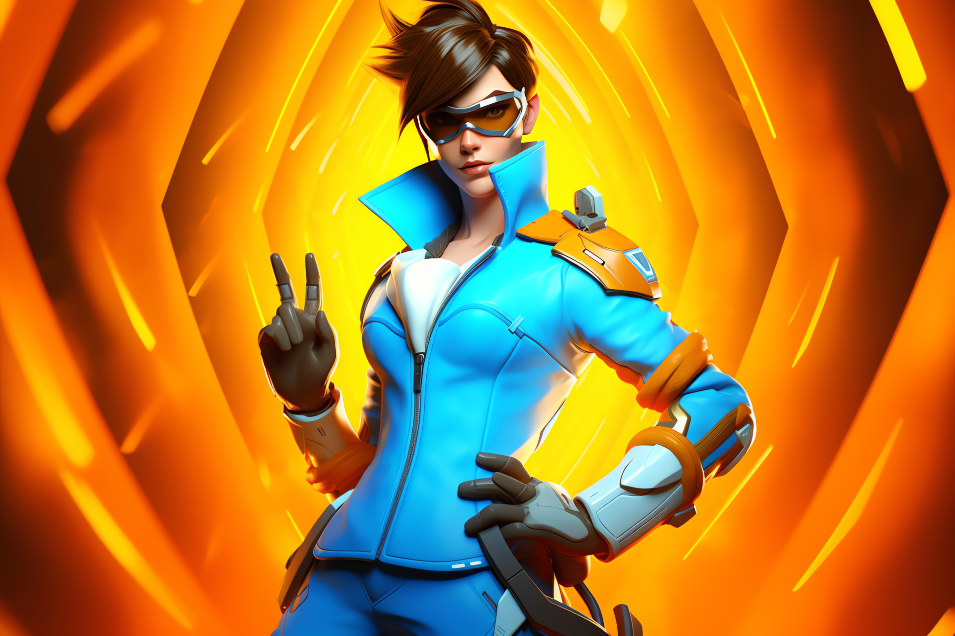 Gaming icon Tracer, Radiant orange coiffure, Expressive playful grin, Full viewport, Contrast dual-color, HD Desktop Wallpaper