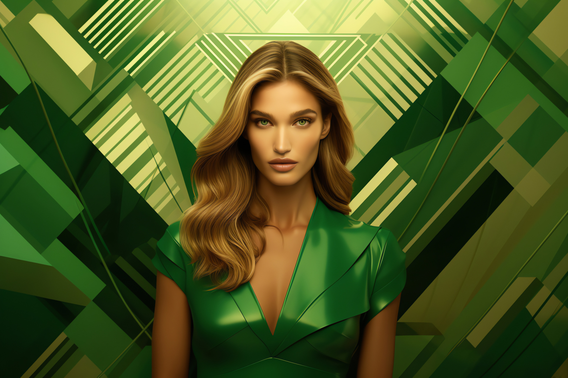 Rosie Huntington, Fashion model stance, Emerald stare, Self-assured pose, Abstract design, HD Desktop Image