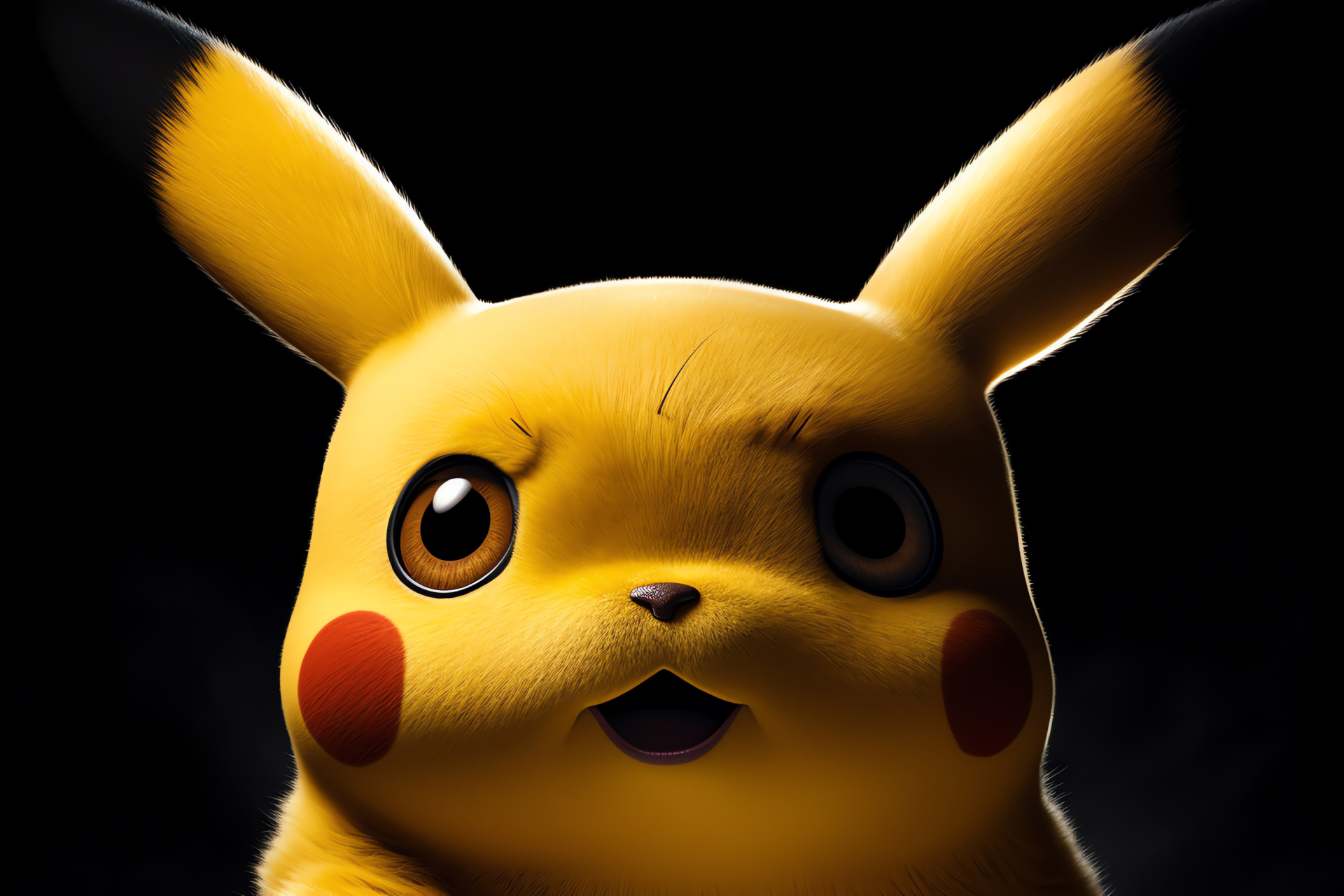 Electric-type Pokemon Pikachu, Yellow fur texture, Brown eyes detail, Playful character expression, High-definition Pokemon model, HD Desktop Image