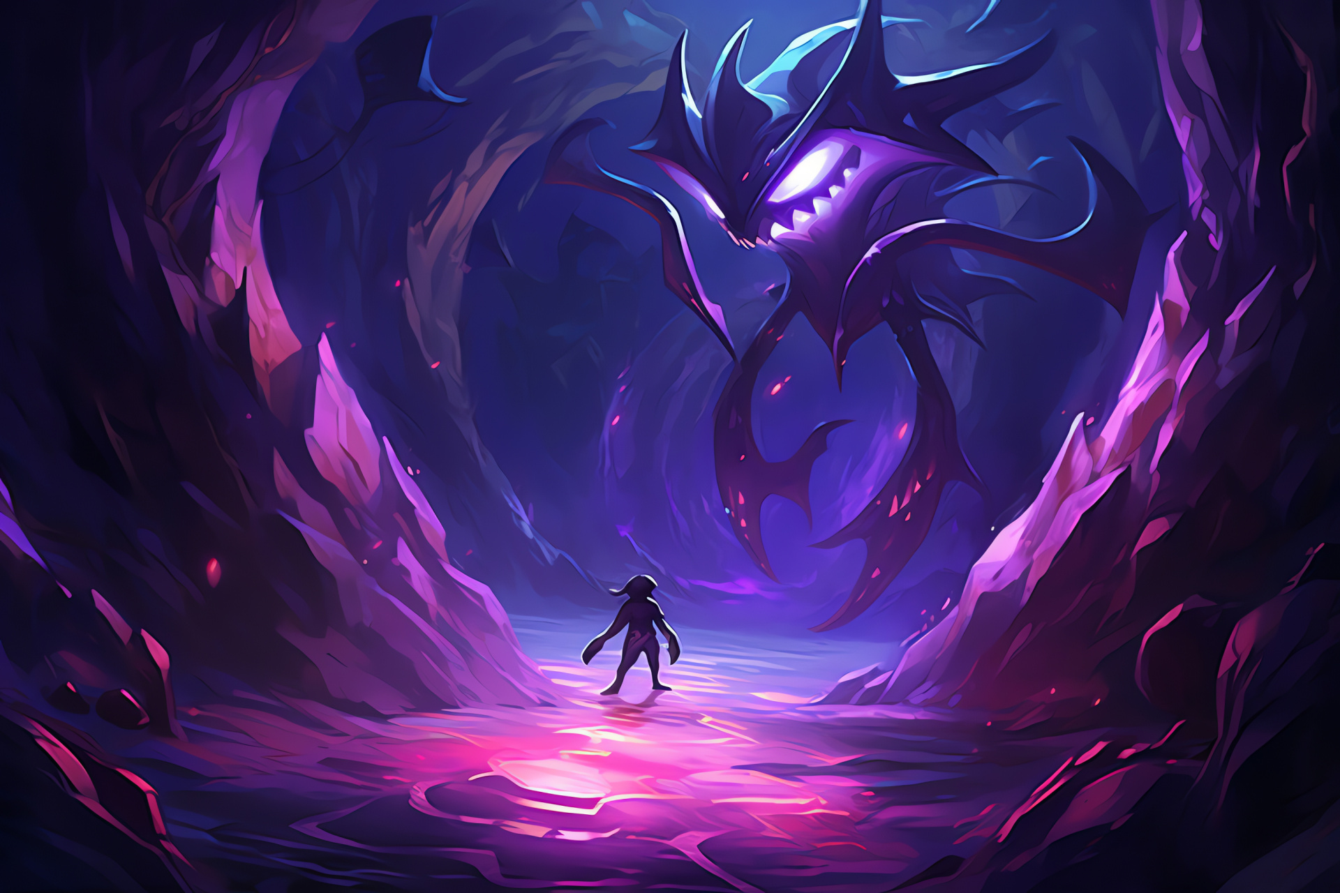 Mega Mawile gaming, enigmatic cavern, shadowy figure, metallic maw, digital evolution, HD Desktop Wallpaper