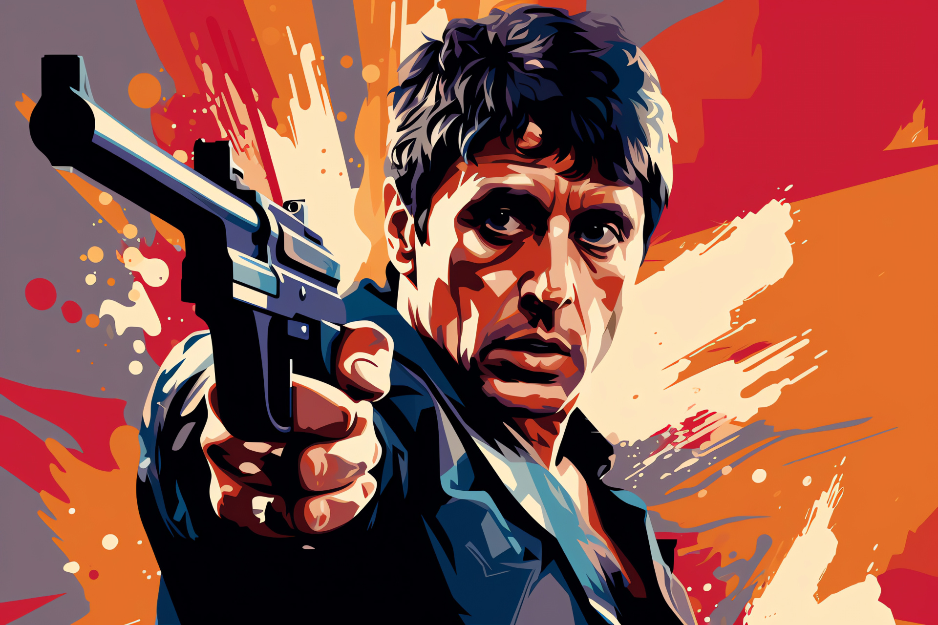 Scarface dramatic scene, Fictional mobster, Miami crime story, Urban chaos, Cinematic montage, HD Desktop Image