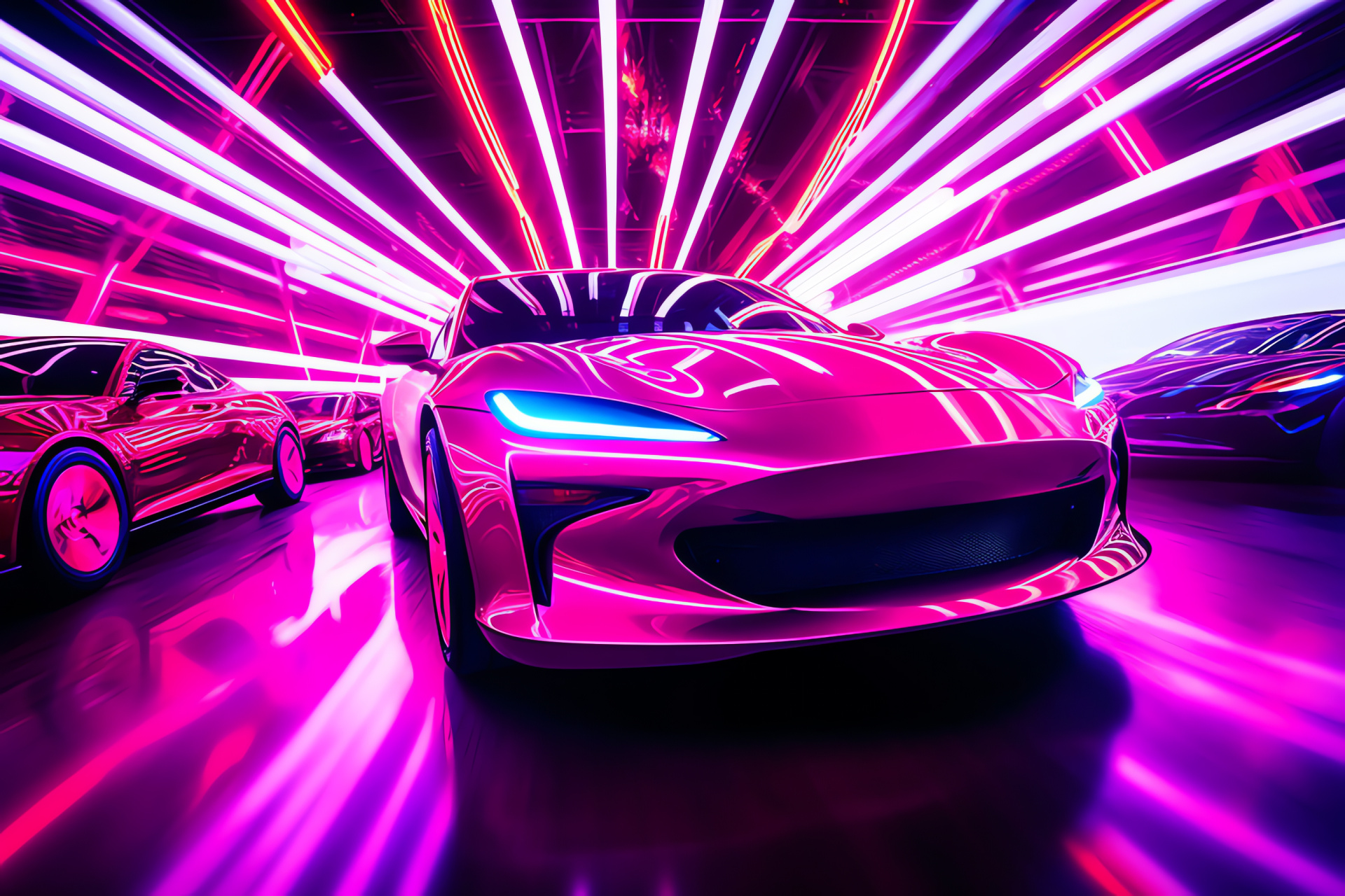 Conceptual pink vehicle, Overhead city glow, Auto innovation, Bright urban illumination, Creative vehicle conception, HD Desktop Image