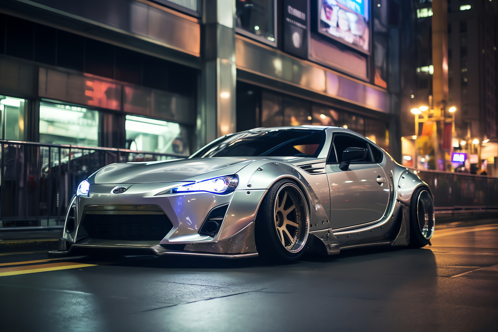 Modified Scion FRS, Tokyo nights, Rocket Bunny kit, City lights, Japanese tuner culture, HD Desktop Wallpaper