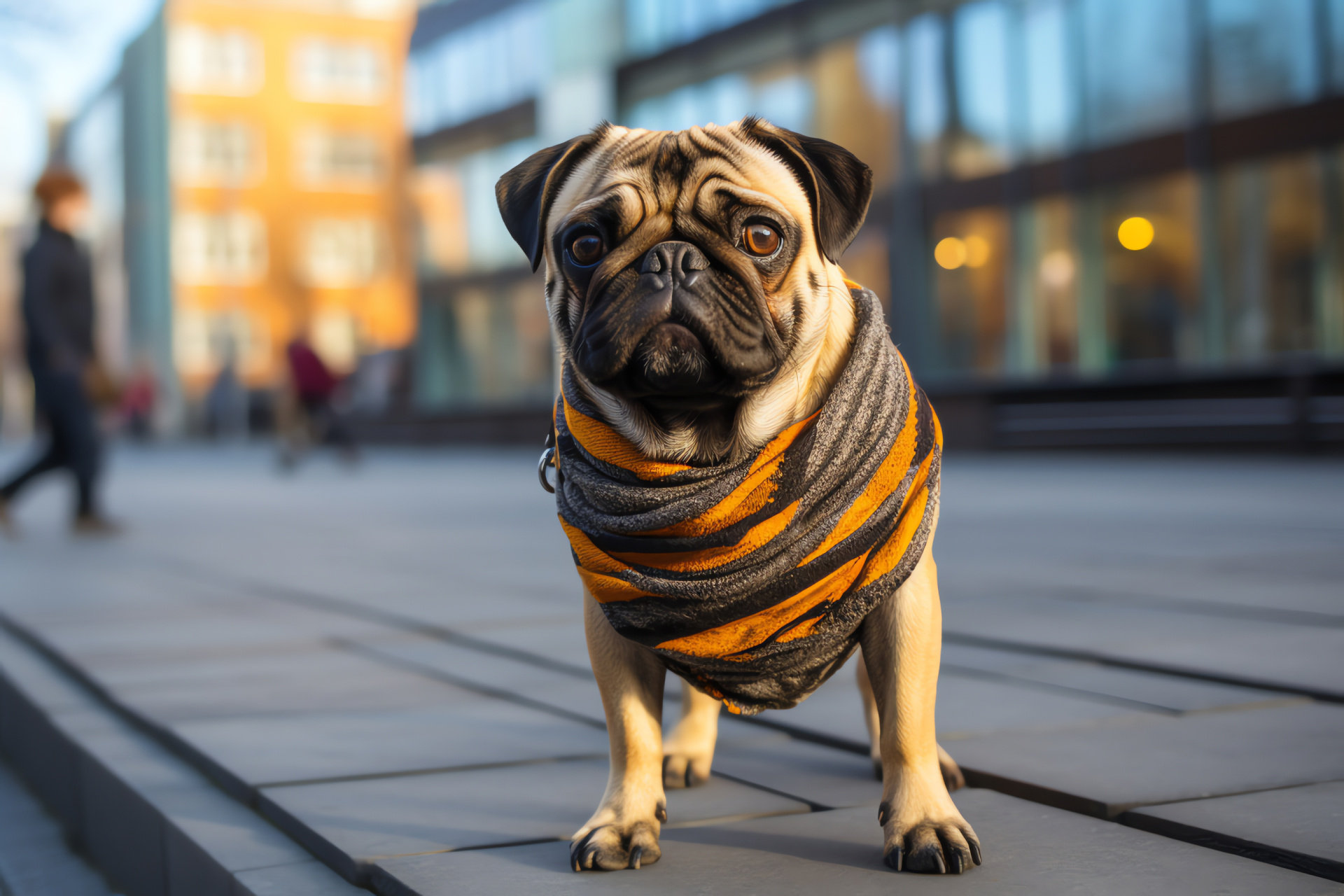 Pug breed, urban pet, brindle patterns, animal fashion, canine on street, HD Desktop Image