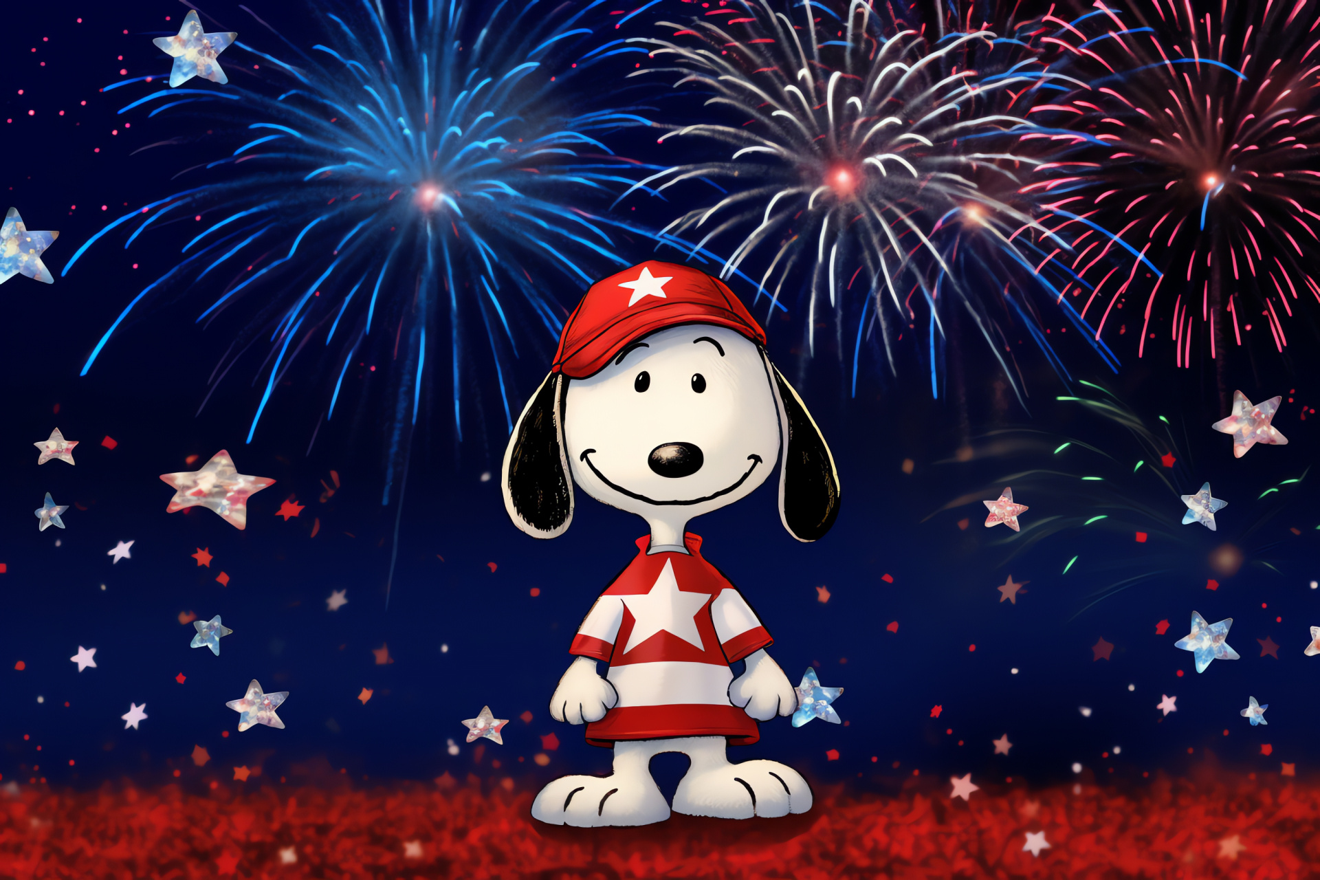 Animated special, National holiday, Pyrotechnics display, Patriotic theme, Beagle character, HD Desktop Image