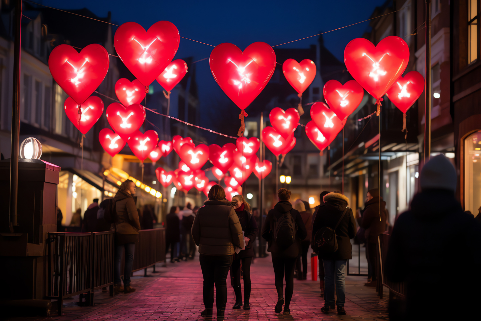 Enchanting Valentine boulevard, Love themed festival, Illumination charm, Cozy ambience, Heartfelt vibrance, HD Desktop Image