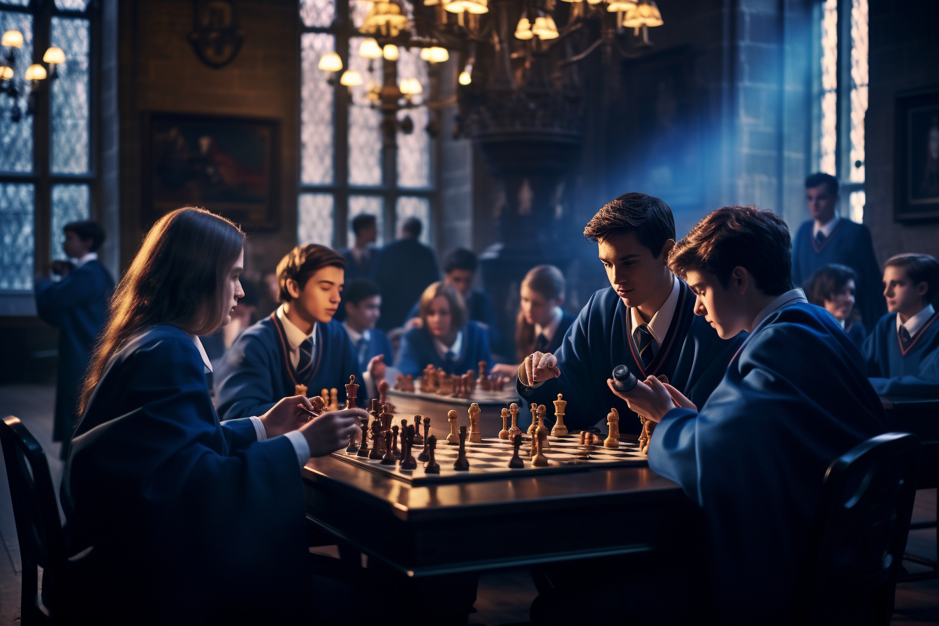 Wizarding school student life, Hogwarts chess game, Fantasy film moment, Laughter among friends, Magical leisure, HD Desktop Wallpaper