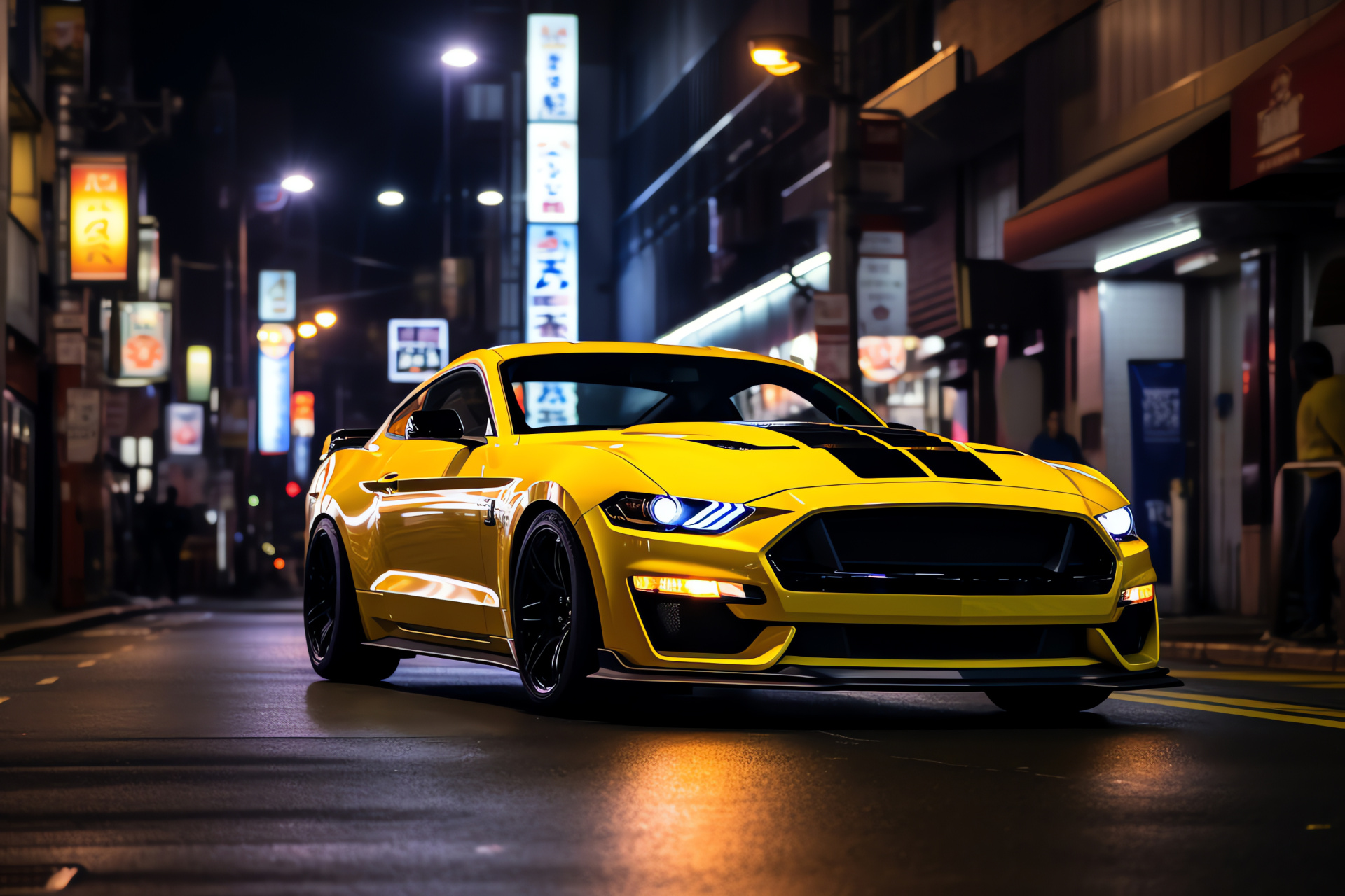 Mustang GT350, Mach 1 edition, Tokyo journey, Vibrant yellow aesthetic, Urban illumination, HD Desktop Wallpaper