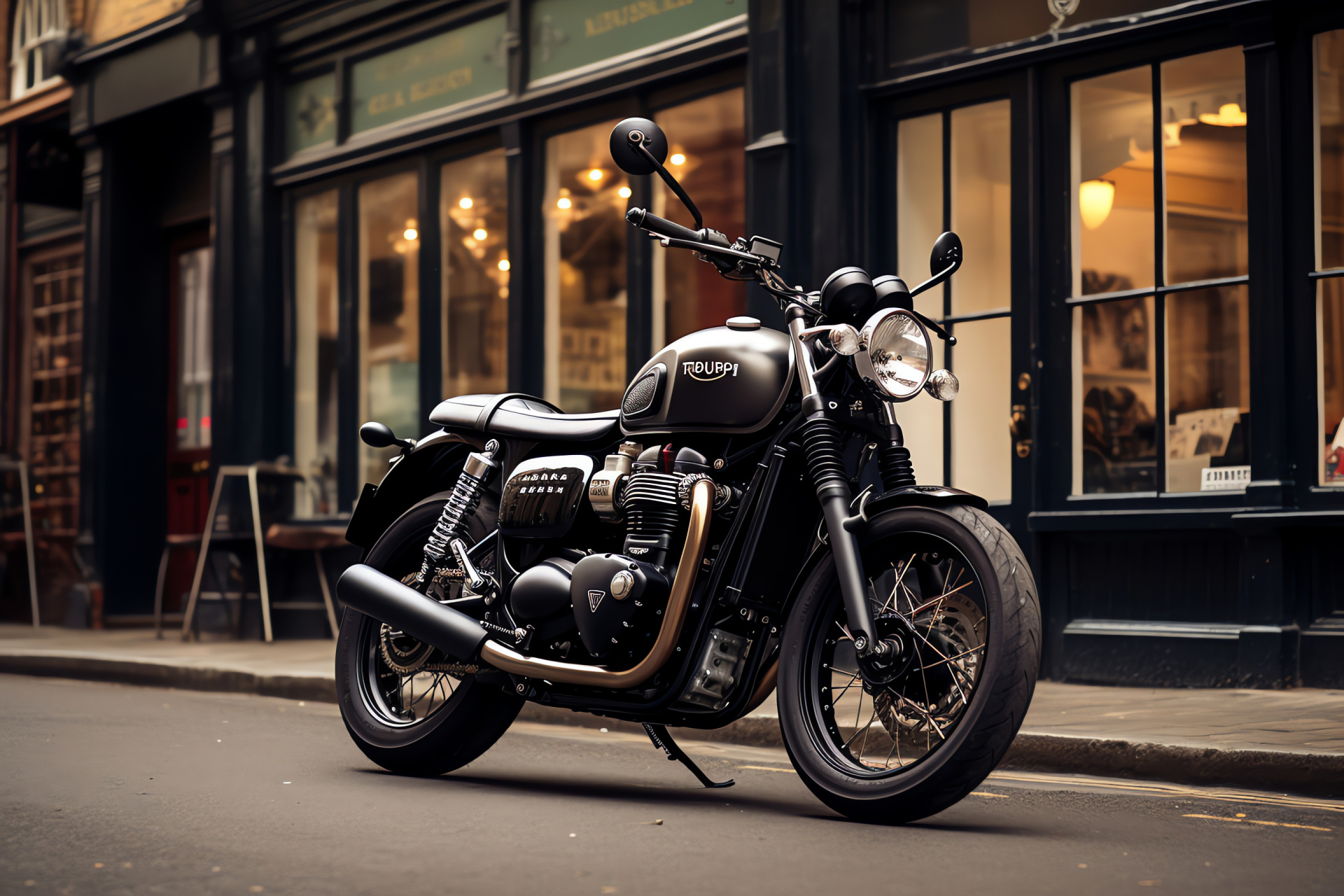 Triumph Bonneville T120 Black motorbike, London urban scene, Matte black paint, Traditional spoke wheels, British motorcycle legend, HD Desktop Wallpaper