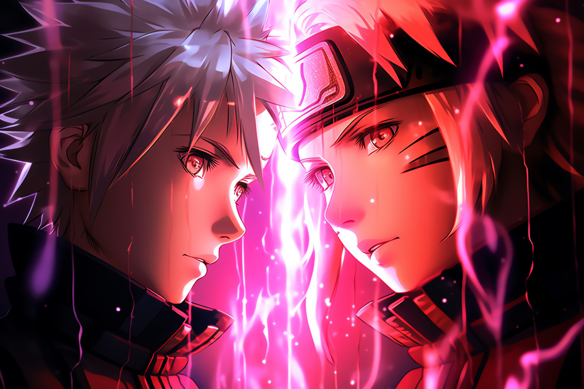 Heroic Naruto and Sakura, Shounen genre characters, Solid illuminated streaks, Manga protagonists, Fierce facial expressions, HD Desktop Image