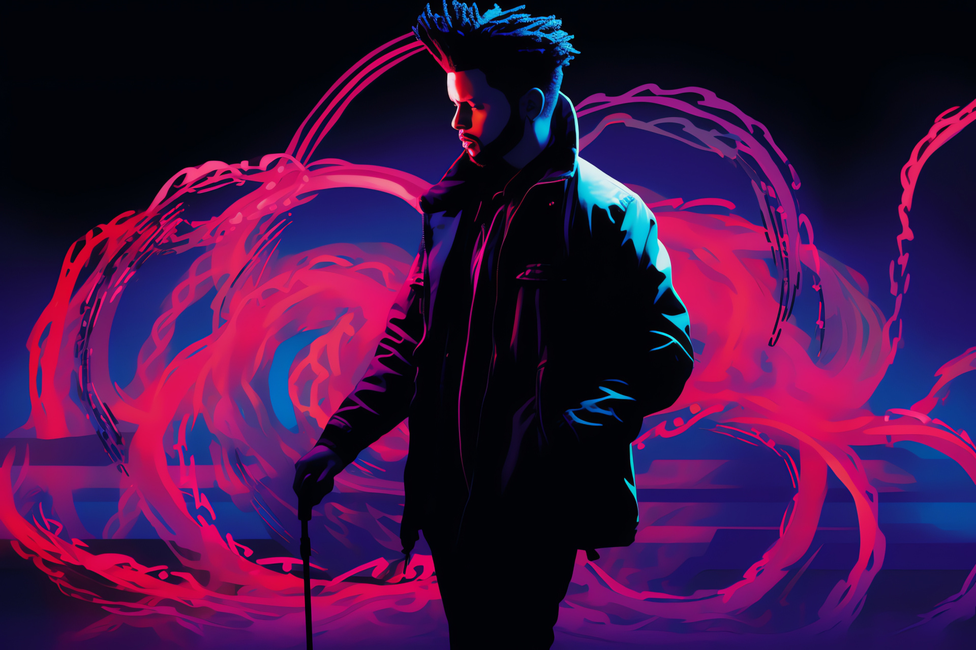The Weeknd, Musical genius, Atmospheric portrait, Dark allure, Luminous lines, HD Desktop Wallpaper
