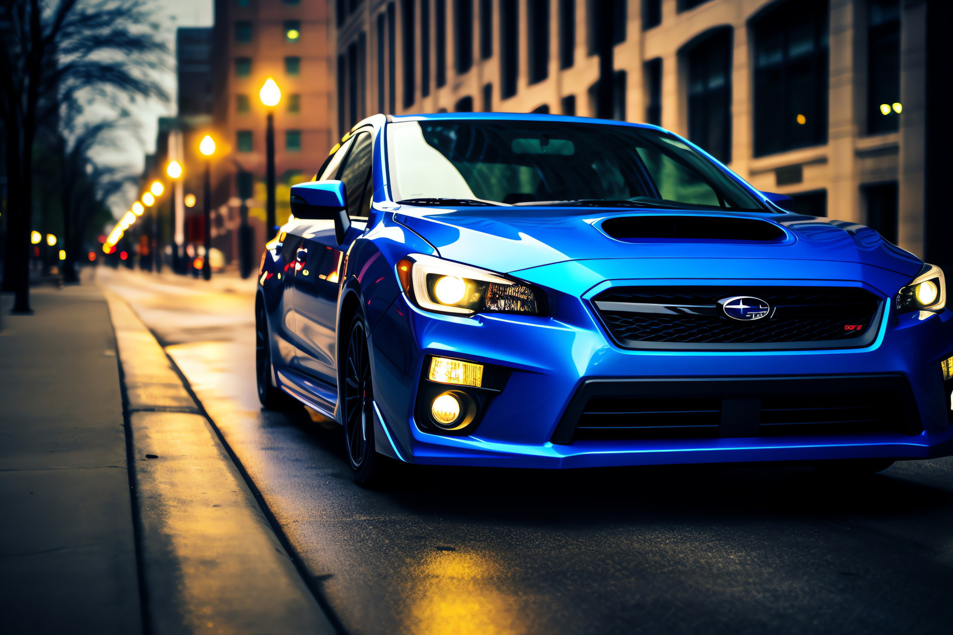 Subaru Impreza, Sedan form, Neon blue hue, Ground-level shot, Bold grille, HD Desktop Wallpaper