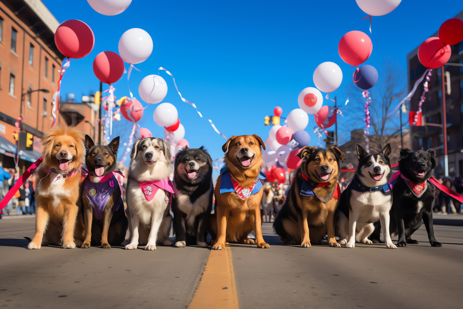 Festive dog pageant, Costume display, Public celebration, Enthusiastic assembly, Themed festoon, HD Desktop Wallpaper