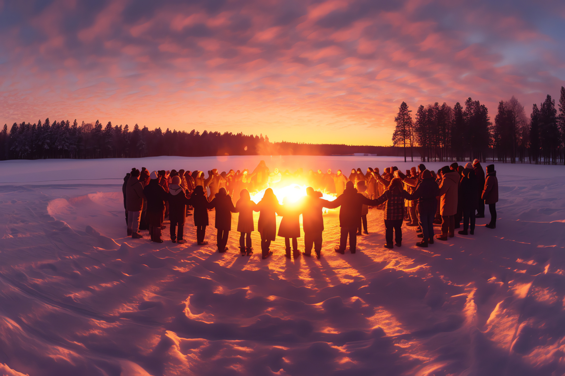 Winter Solstice gathering, Seasonal ritual flames, Festive group bonding, Traditional fire circle, Solstice night, HD Desktop Image