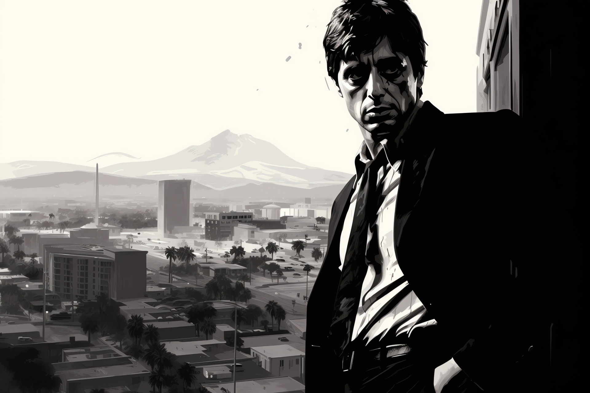 Al Pacino Scarface, High-stakes conflict, Luxurious penthouse, Urban panorama, Crime saga, HD Desktop Wallpaper