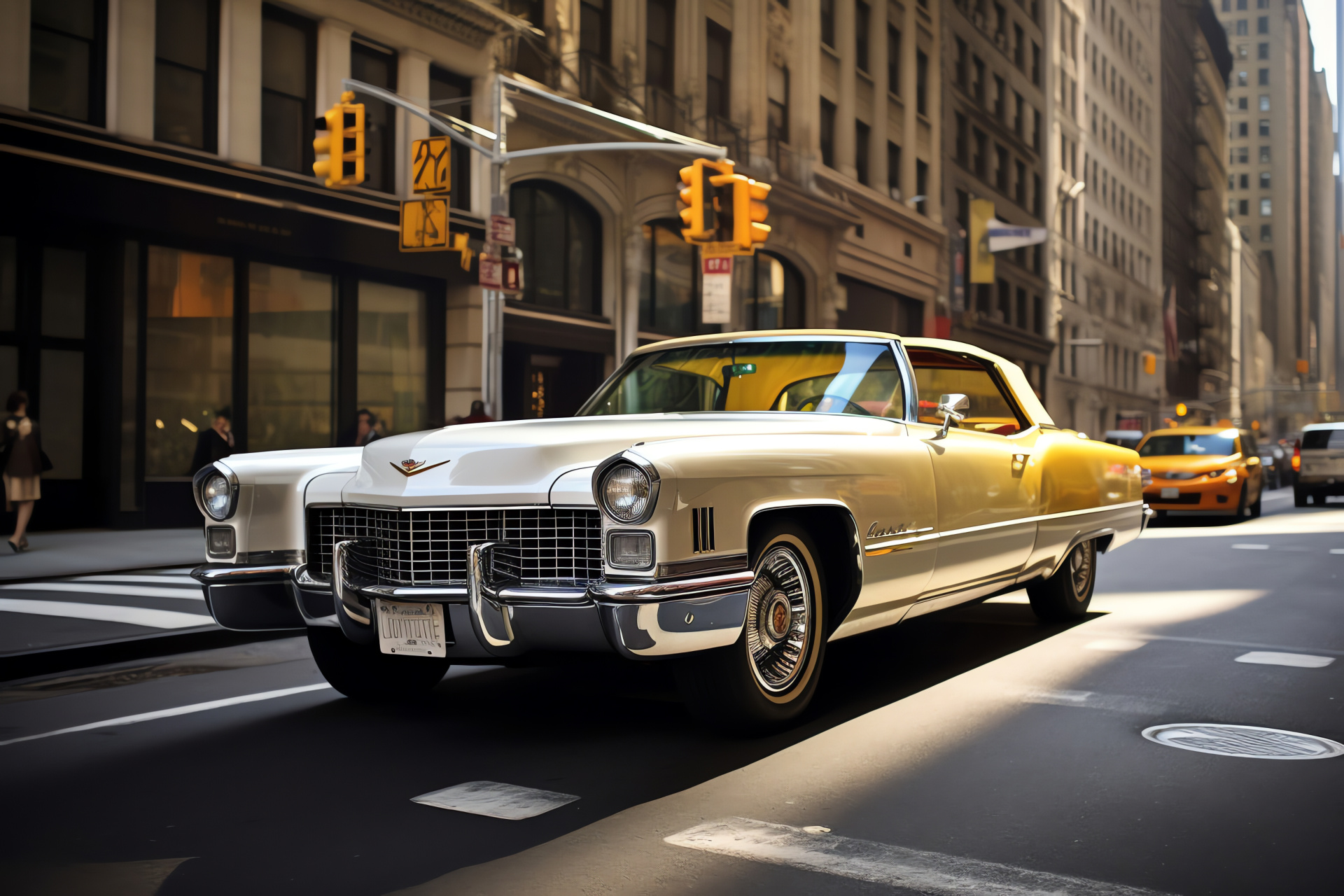 Vintage Cadillac Eldorado, Manhattan backdrop, Luxury American car, Classic automobile, City grandeur, HD Desktop Image