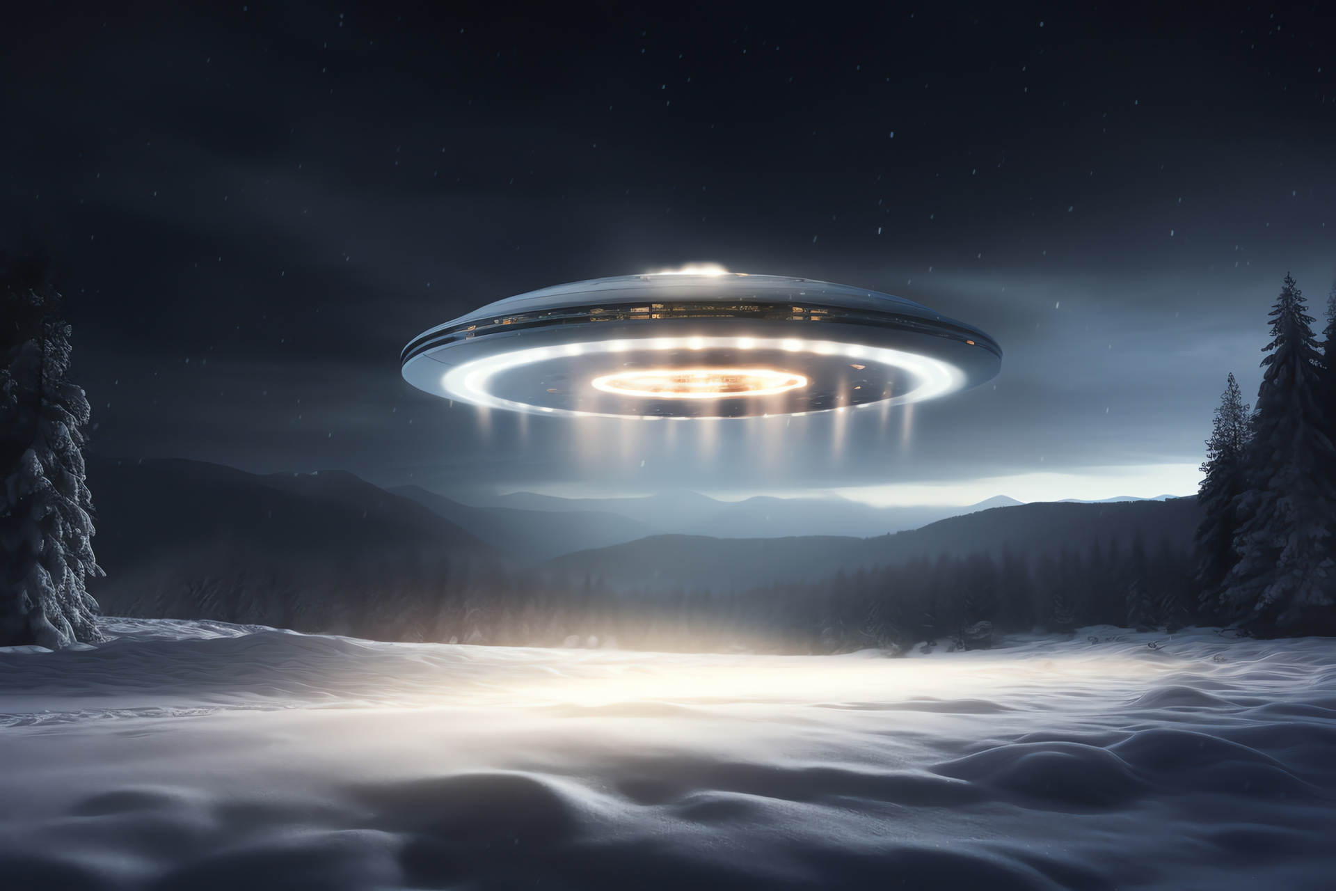 Snow-covered UFO descent, Extraterrestrial presence, Light beam spotlight, Alien silver craft, Wintery encounter, HD Desktop Wallpaper