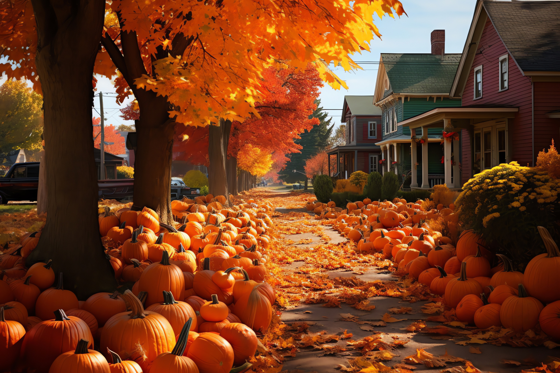 Fall picturesque setting, Harvest season, Farm countryside, Festive scarecrows, Nature's palette, HD Desktop Wallpaper